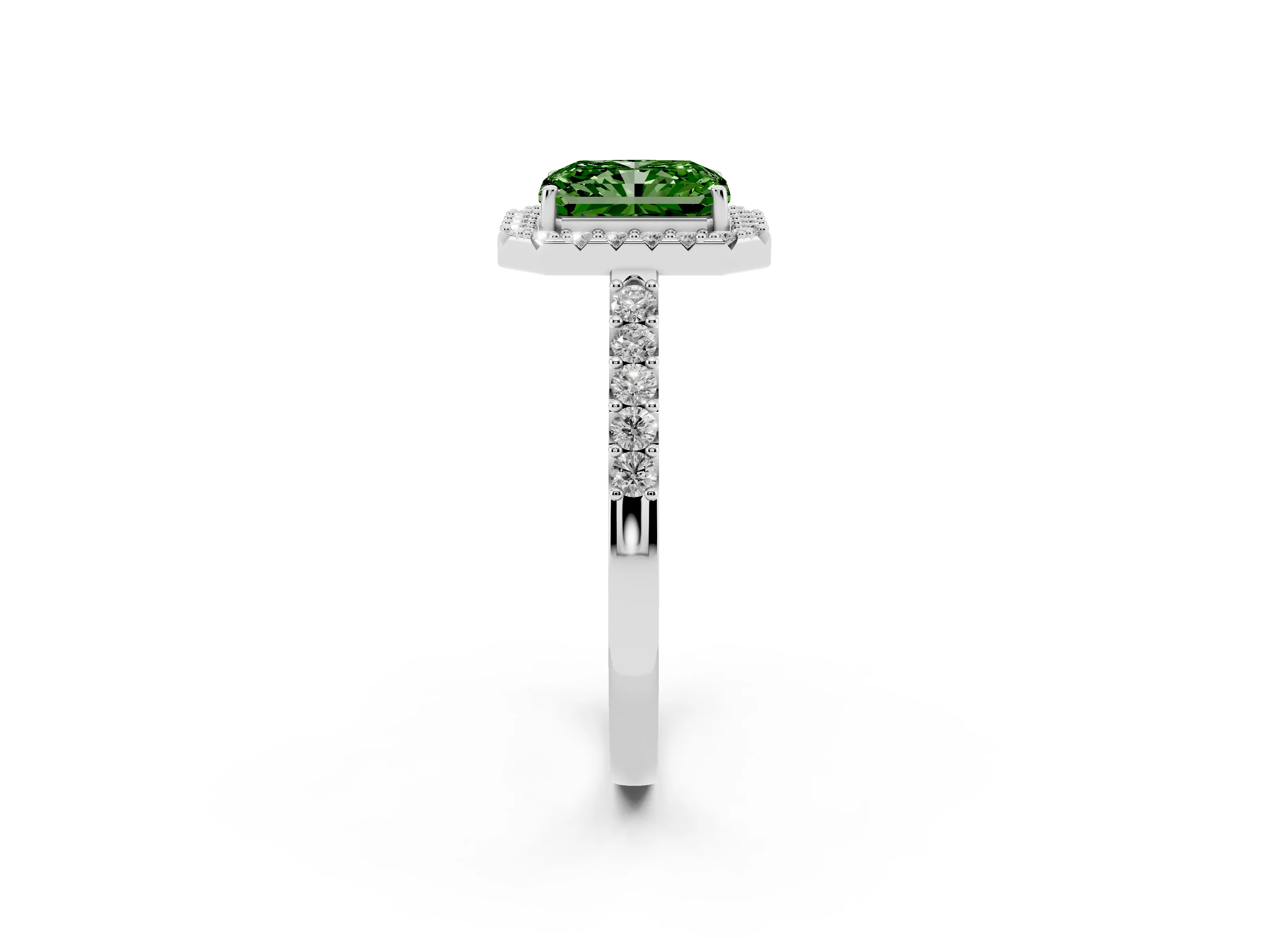 Fancy Green Radiant Cut Diamond Halo Pavé Solitaire Ring Set in Platinum with Prong-Set Center Stone