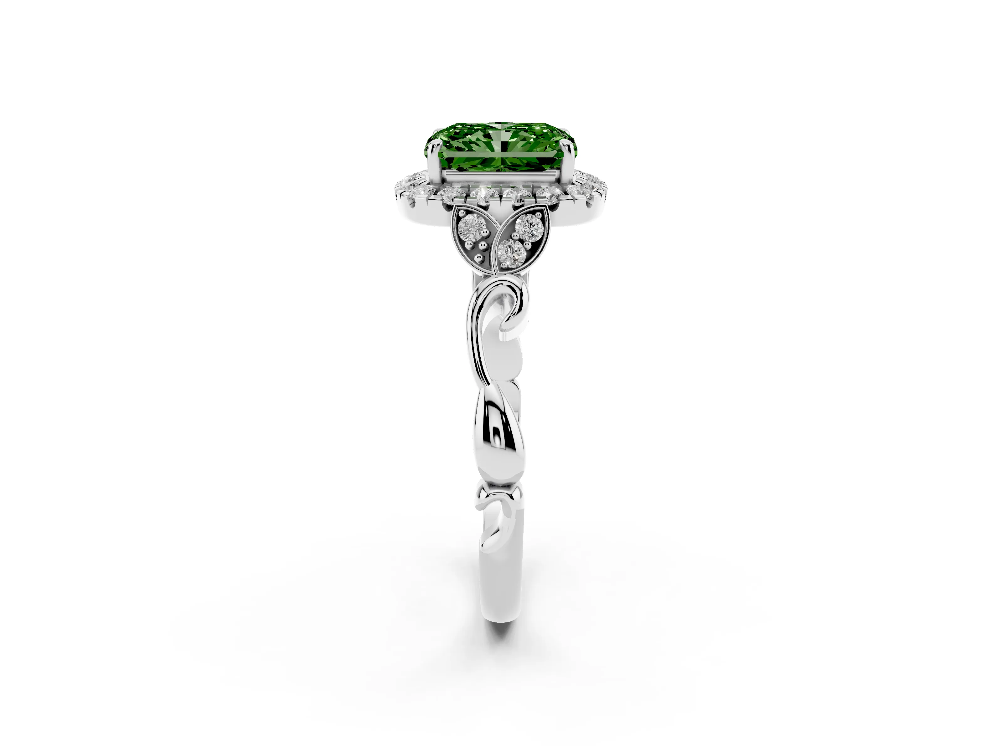 Fancy Green Radiant Cut Diamond Halo Engagement Ring Set in White gold with Vintage-Inspired Band and Prong Setting