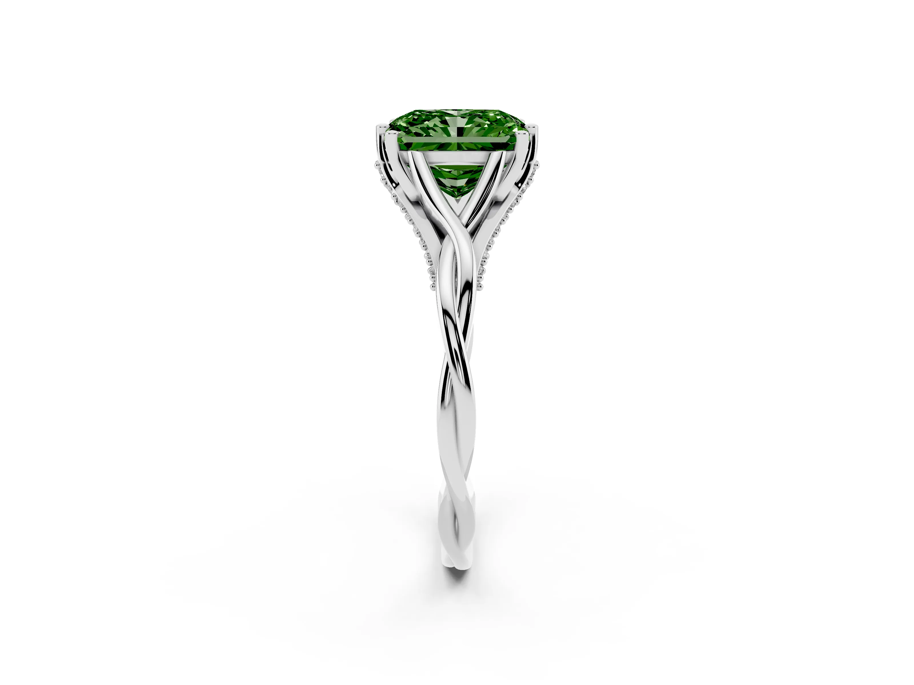 Fancy Green Radiant Cut Diamond Intertwined Twist Band Solitaire Ring Set in White gold with Prong Setting