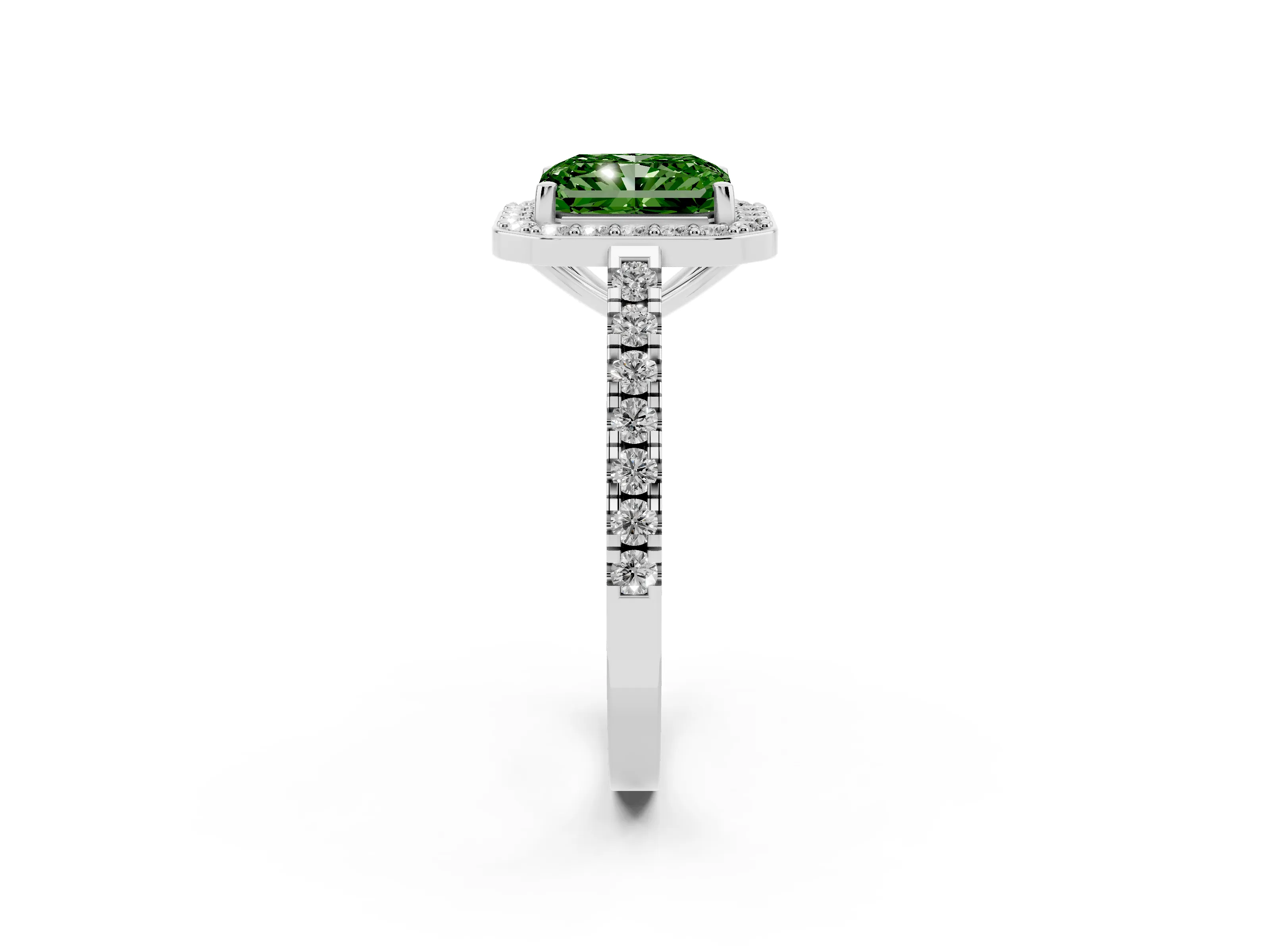 Fancy Green Radiant Cut Diamond Halo Ring Set in White gold with Round Pavé Split Shank and Prong Setting