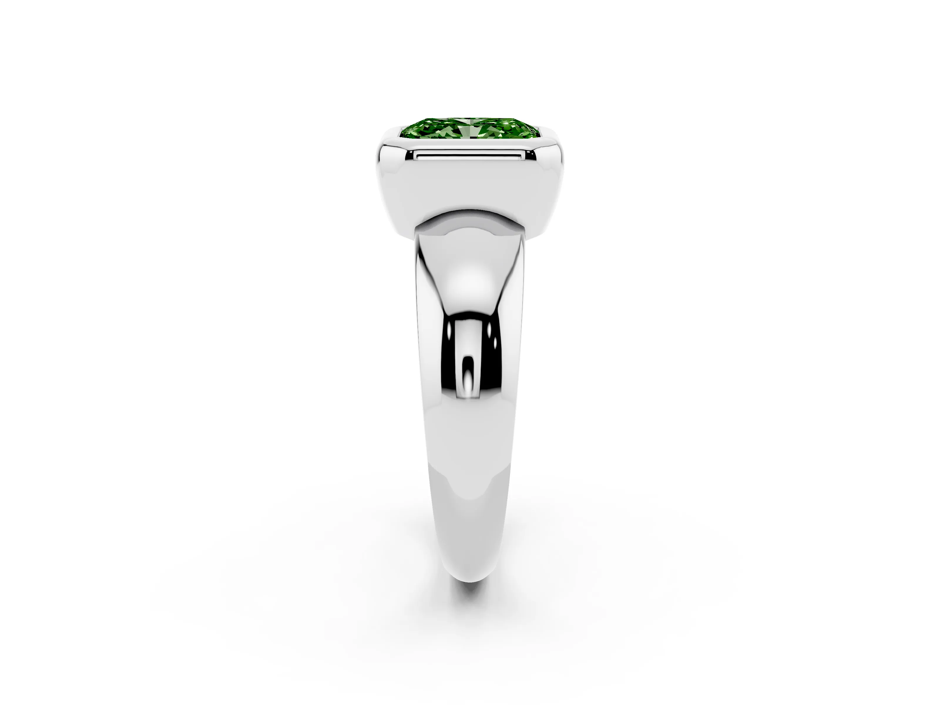 Fancy Green Bezel Set Radiant Cut Diamond Solitaire Ring Set in Silver with Wide Band