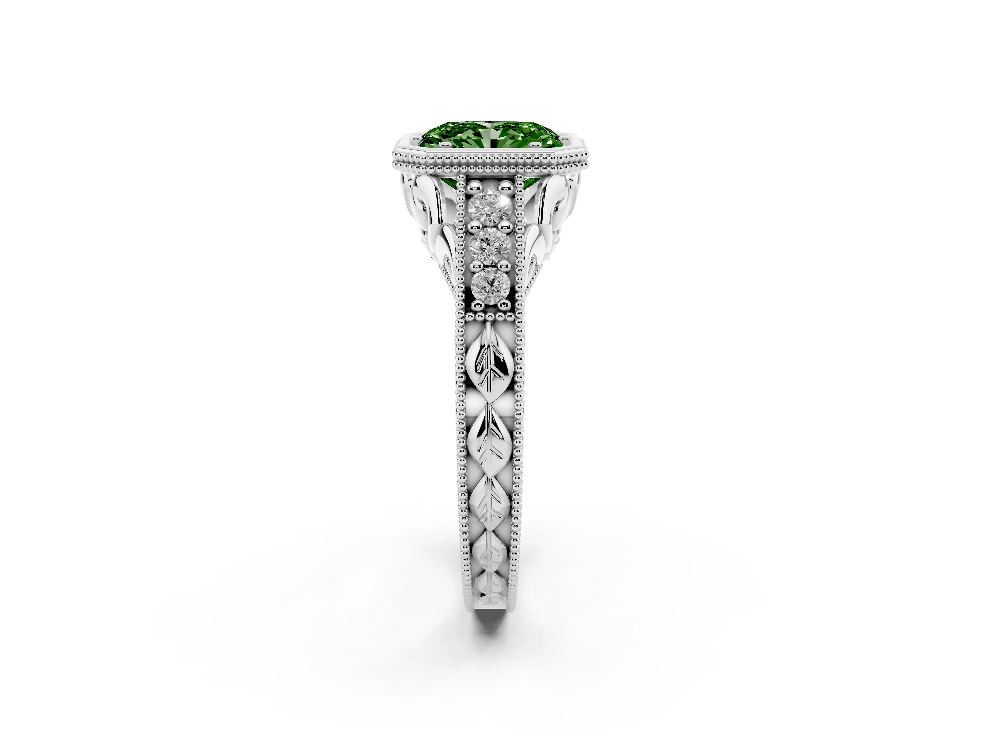 Fancy Green Bezel Set Radiant Cut Diamond Milgrain Pavé Engagement Ring Set in Platinum