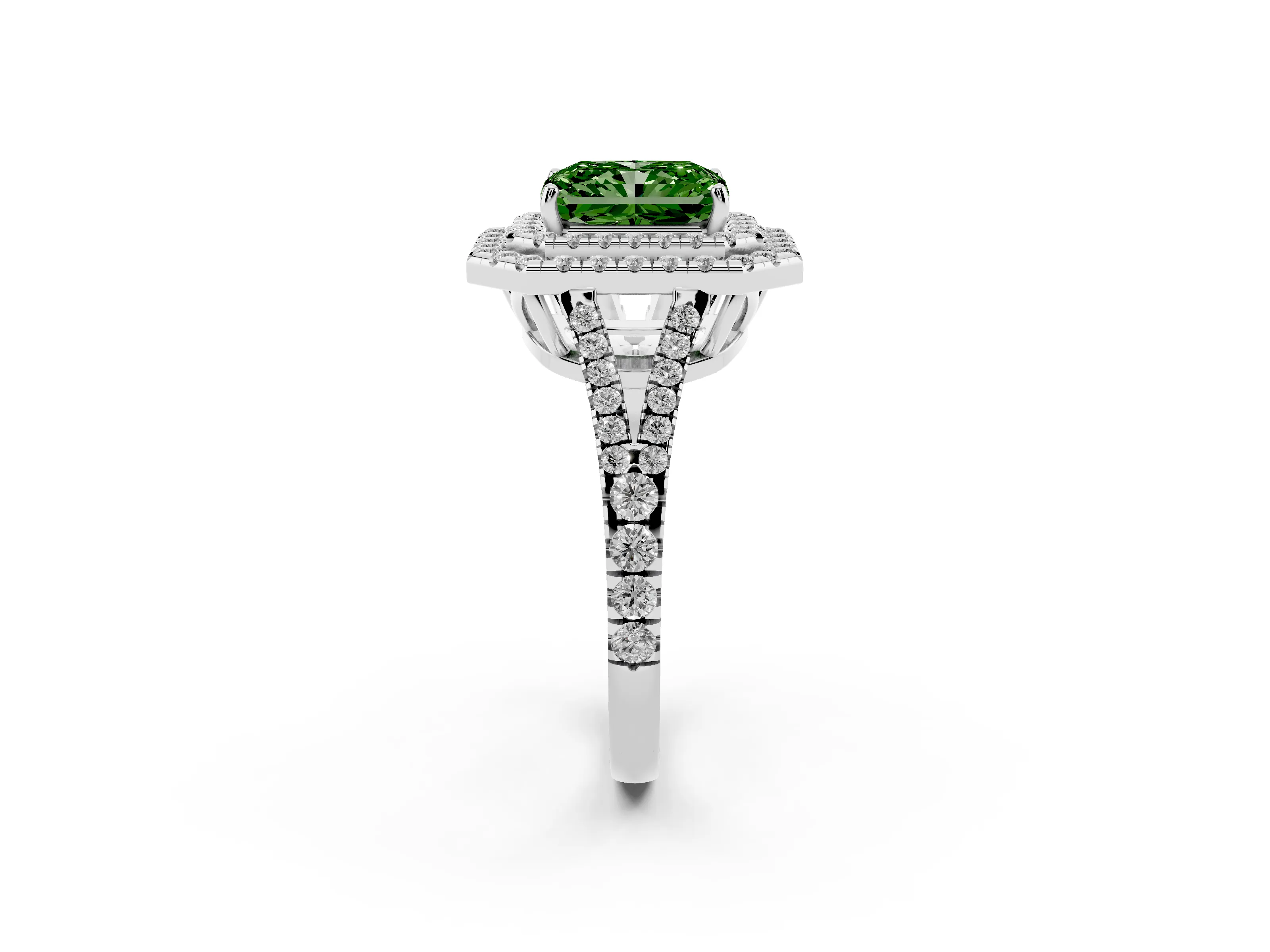 Fancy Green Radiant Cut Diamond Double Halo Ring Set in White gold with Pavé Band