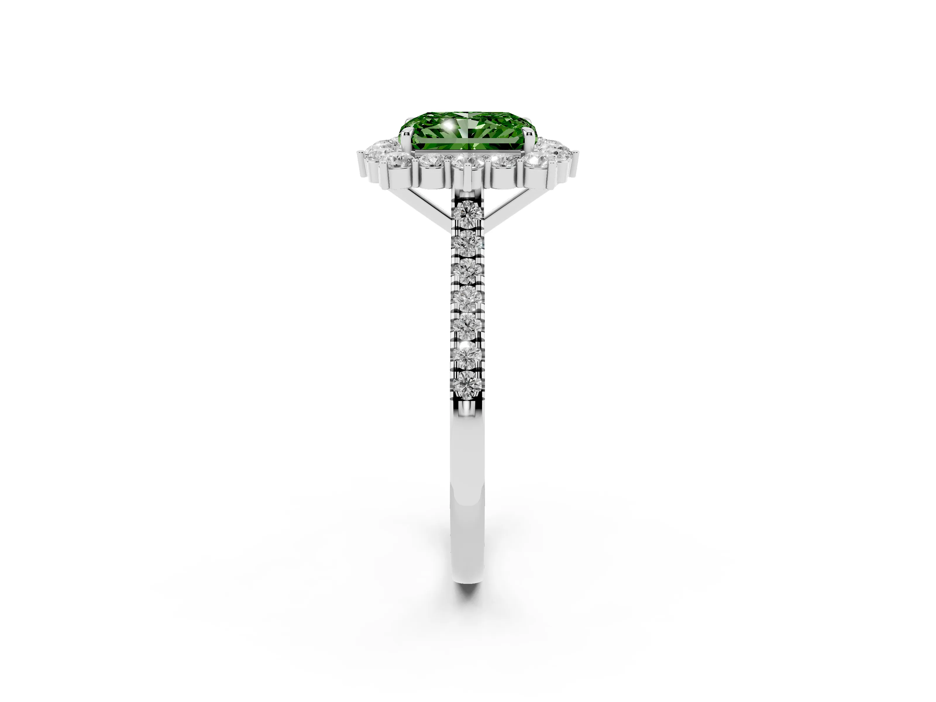 Fancy Green Radiant Cut Diamond Halo Ring Set in Silver with Pavé Band and Prong Setting