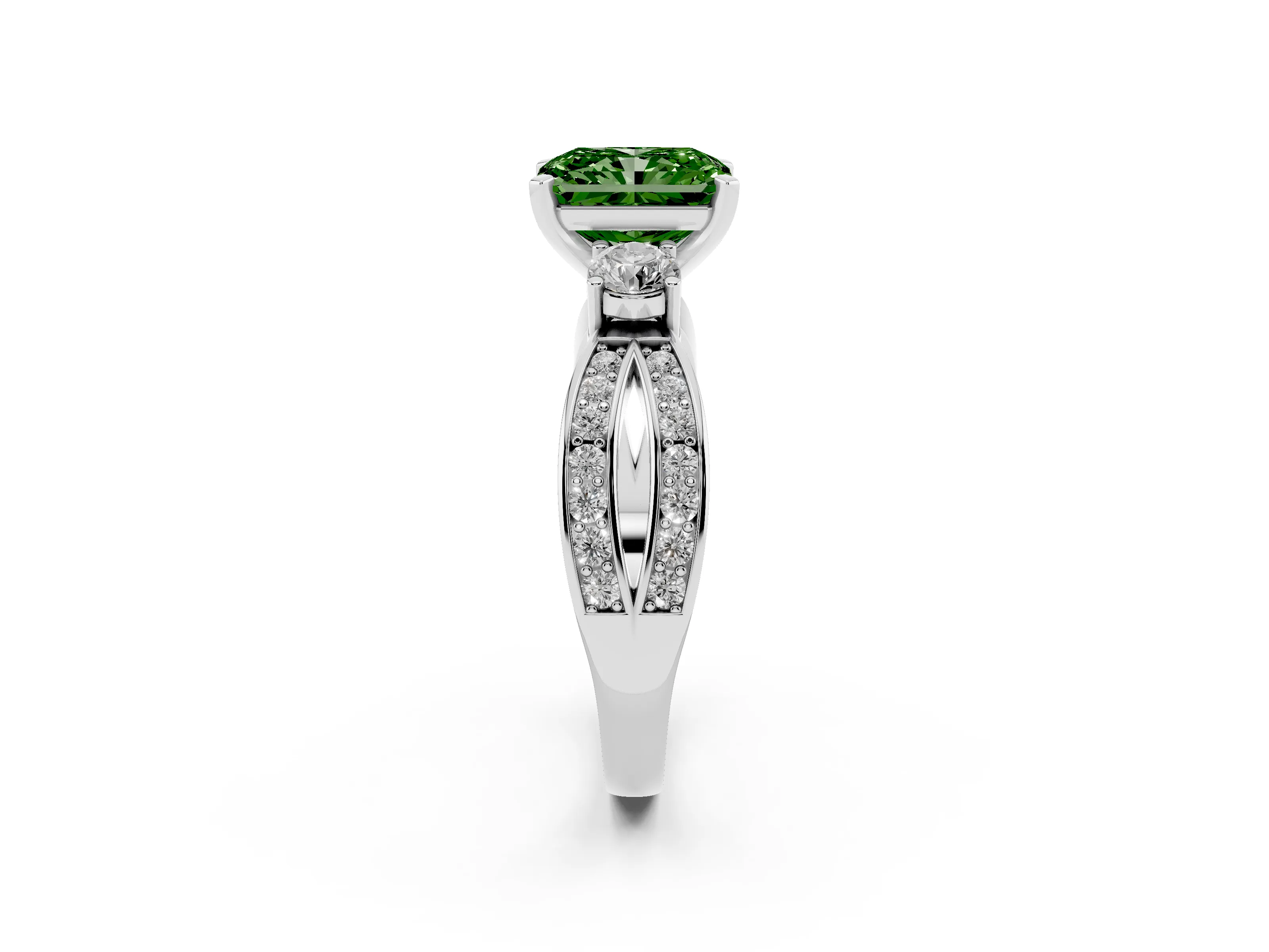 Fancy Green Three-Stone Radiant Cut Diamond Twist Band Ring Set in Platinum with Pavé Accents and Prong Setting