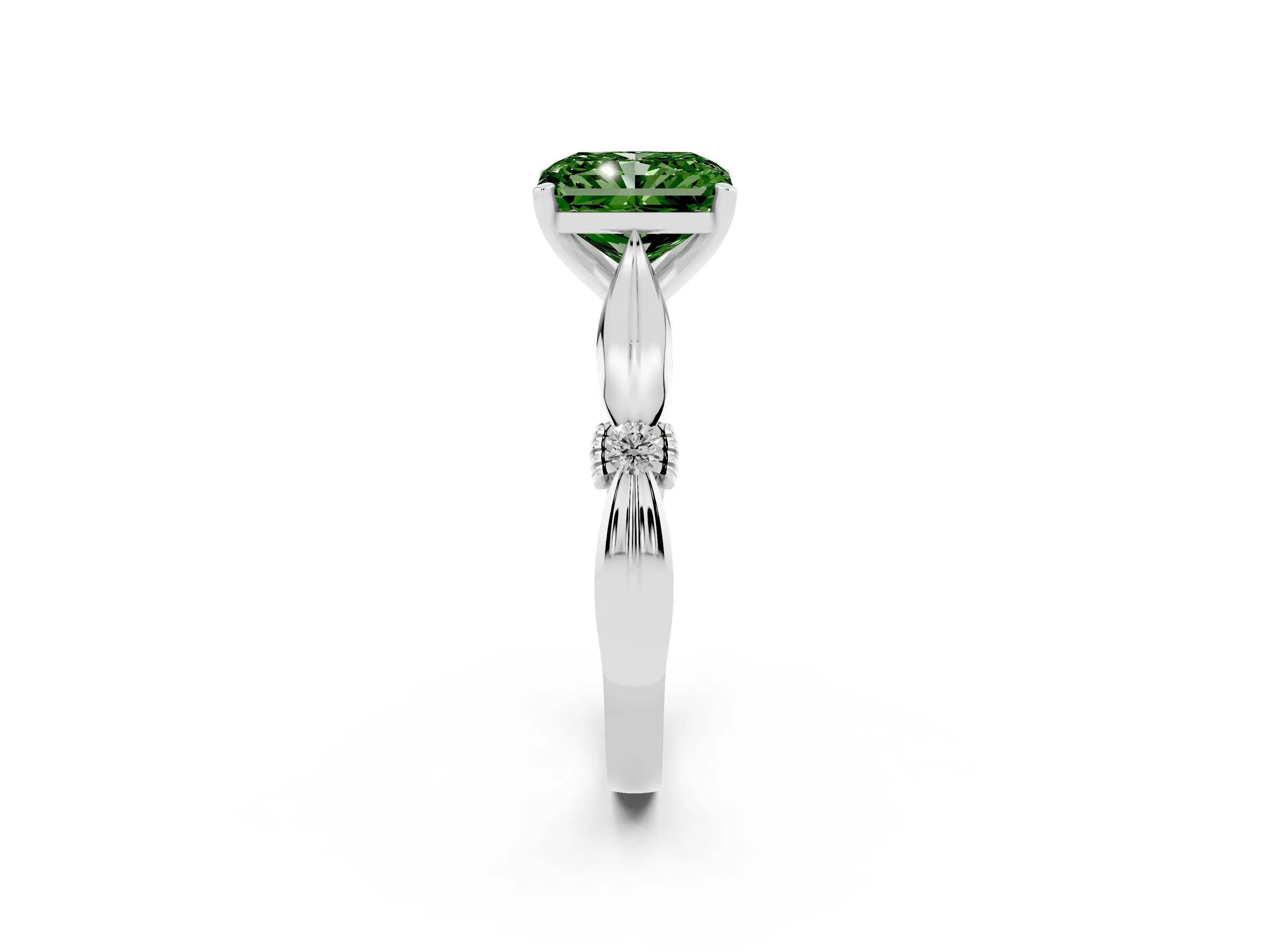 Fancy Green Radiant Cut Diamond Solitaire Twisted Band Ring Set in Silver with Accent Stones and Prong Setting