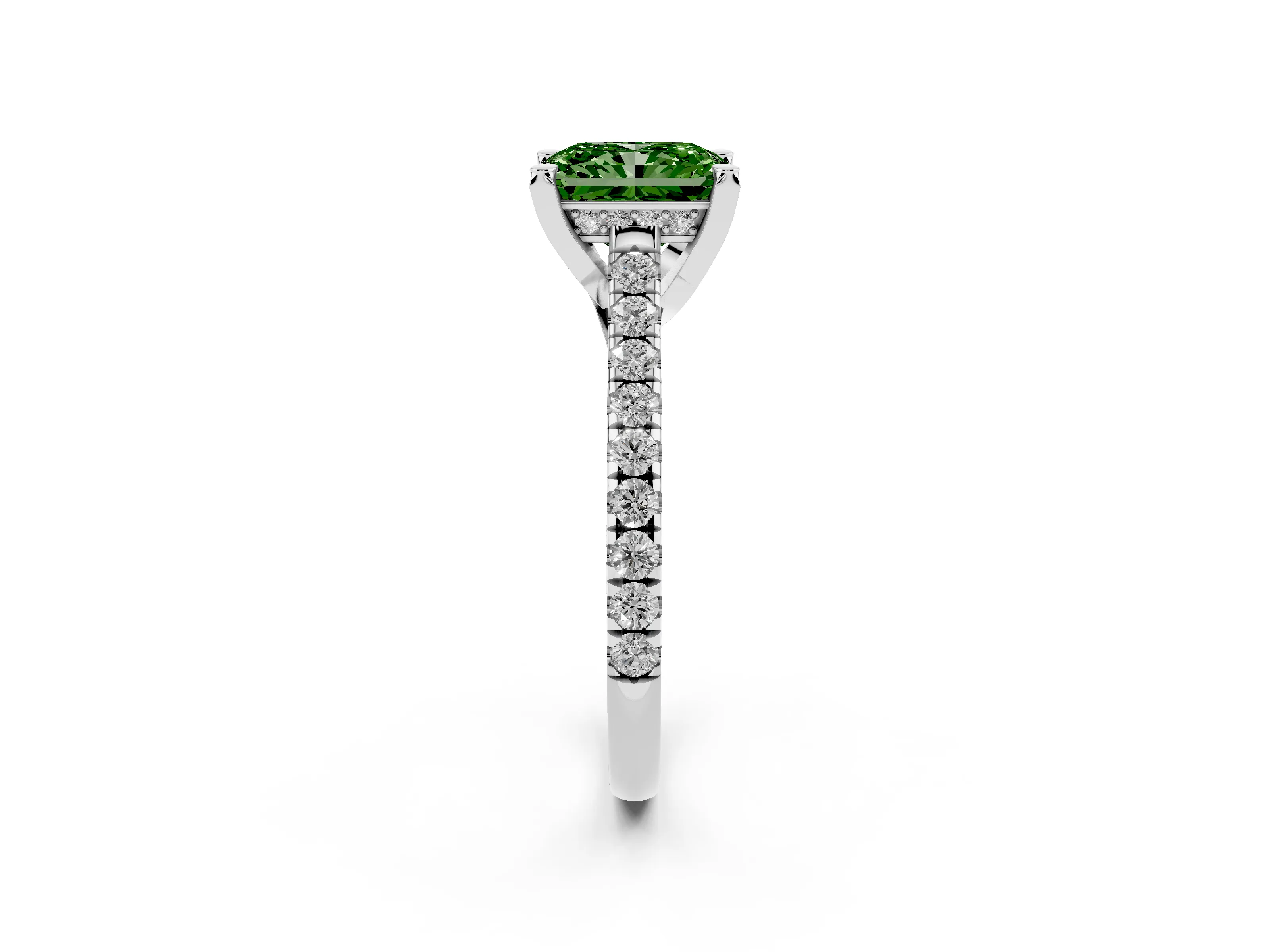 Fancy Green Radiant Cut Diamond Solitaire Ring Set in Silver with Brilliant Pavé Band and Prong Setting