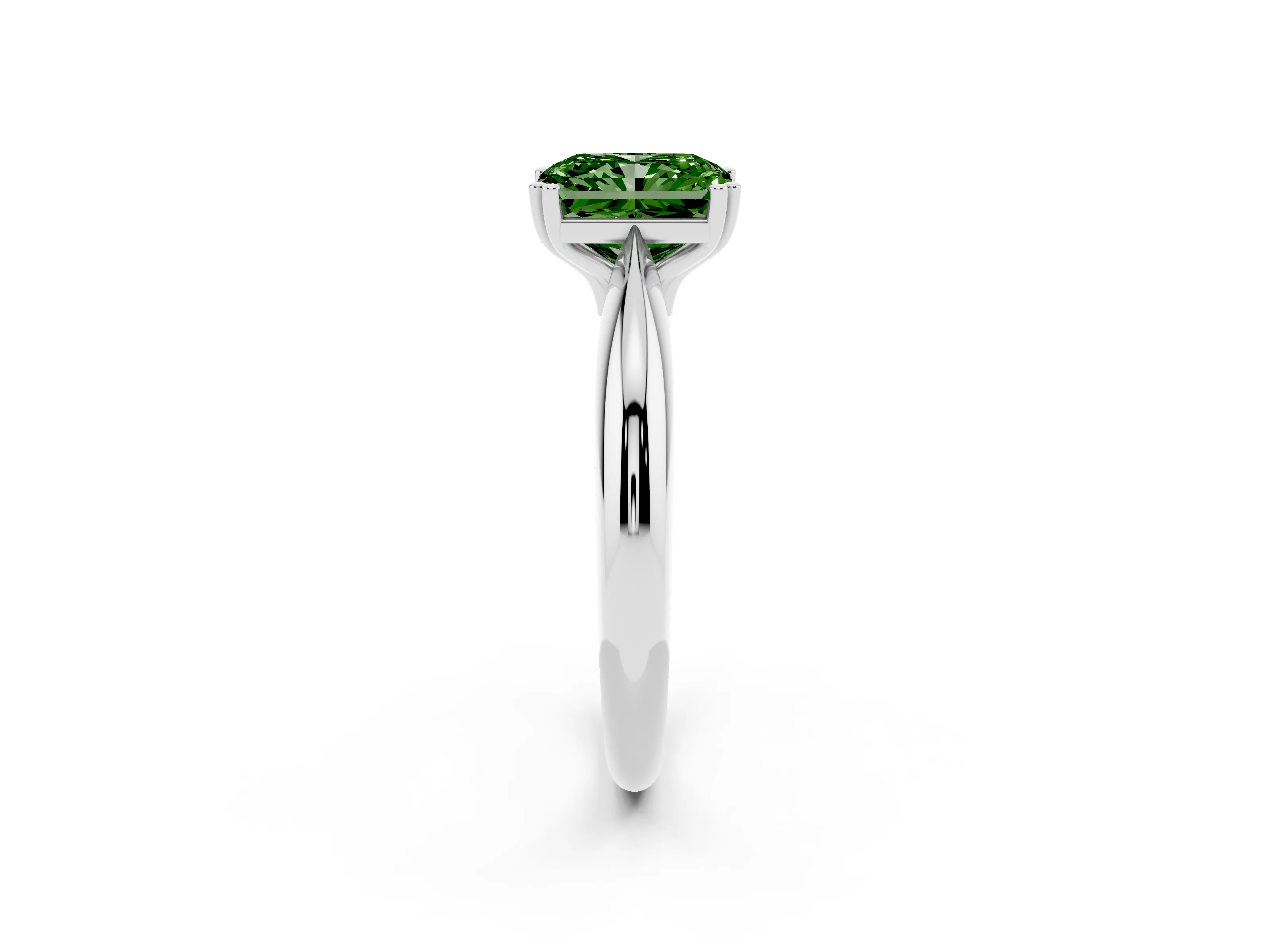 Fancy Green Radiant Cut Diamond Solitaire Engagement Ring Set in White gold with Tapered Band and Prong Setting