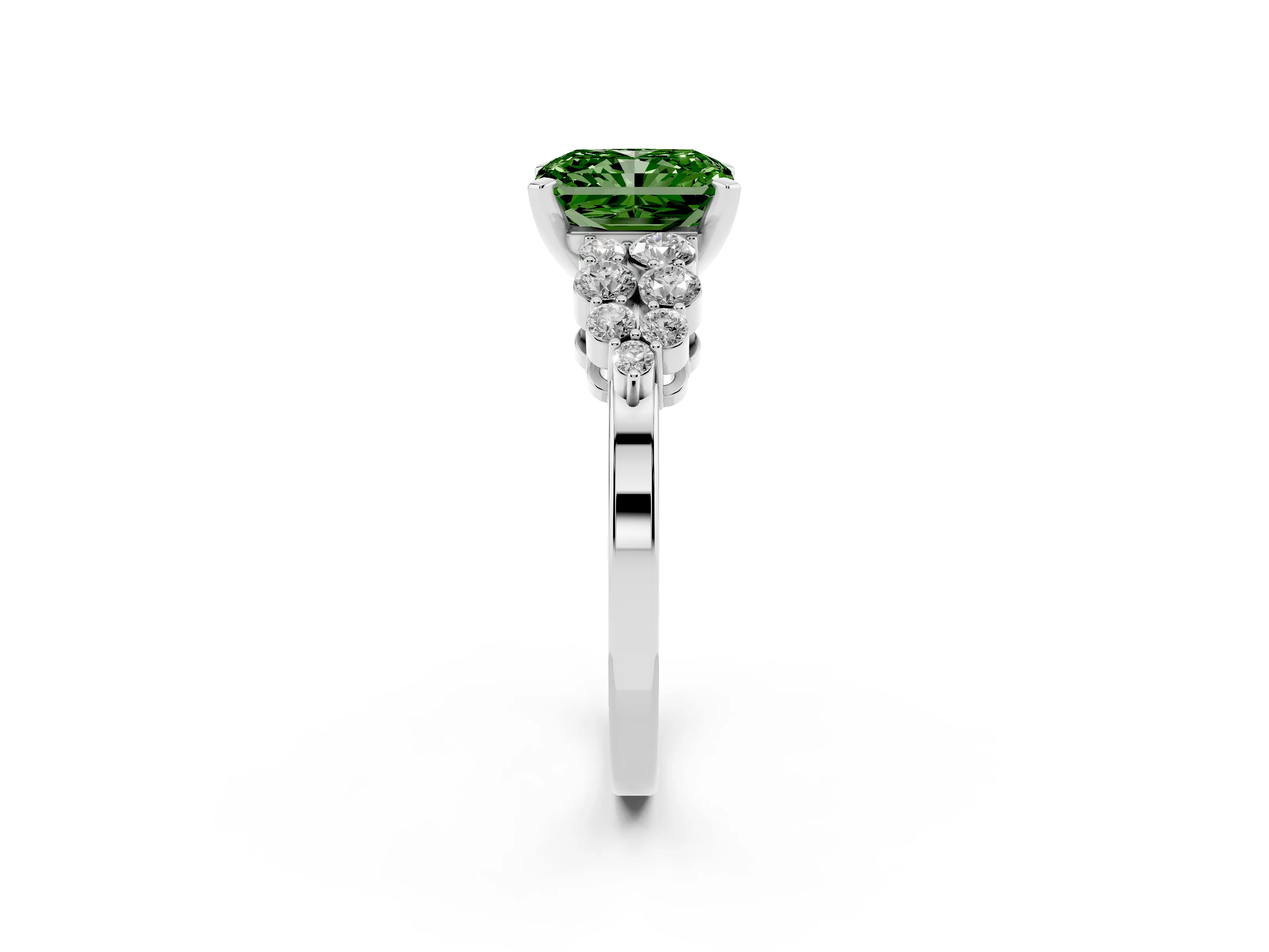 Fancy Green Radiant Cut Diamond Cluster Engagement Ring Set in Platinum with Pavé Band and Prong Setting