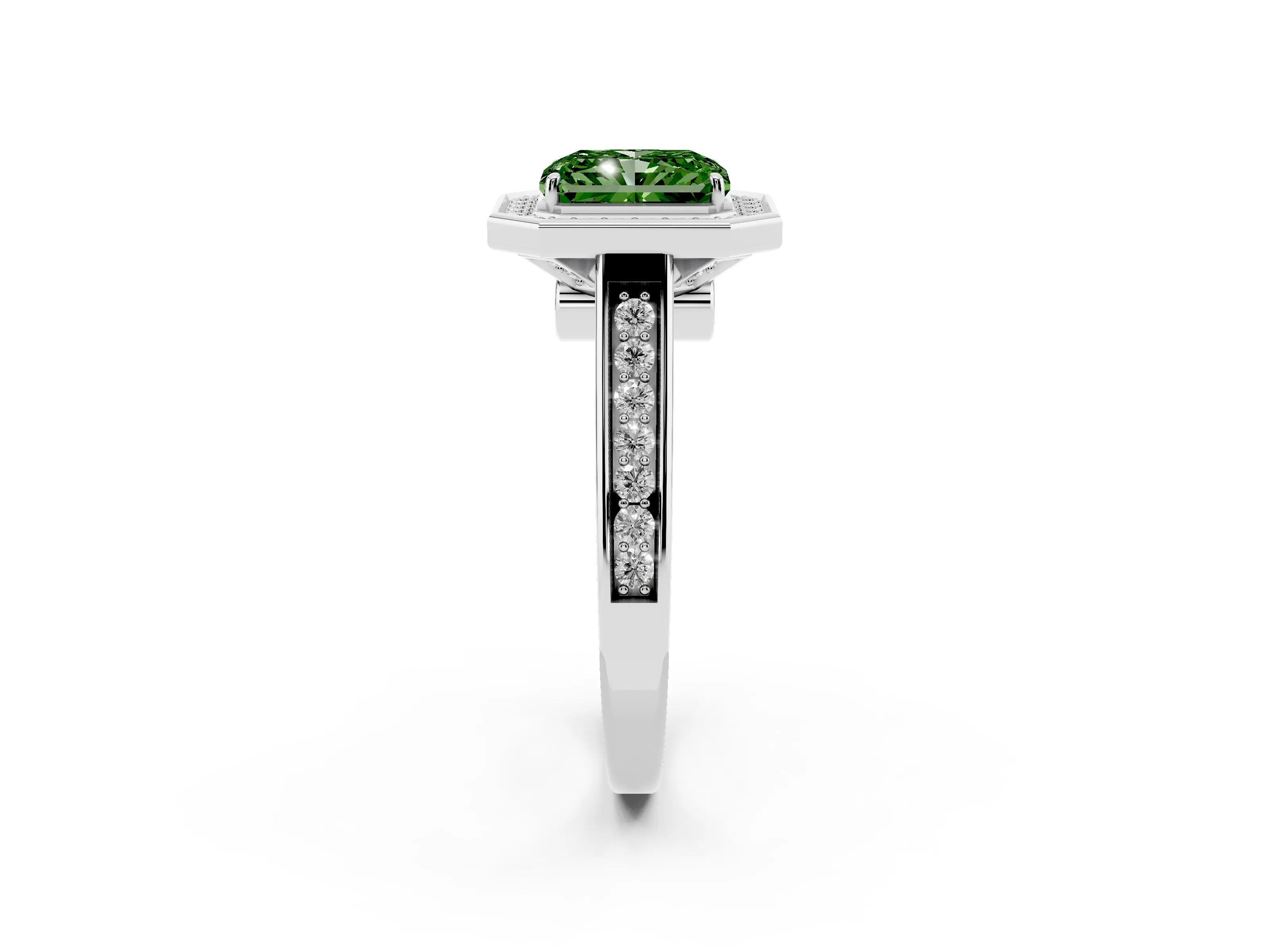 Fancy Green Radiant Cut Diamond Halo Solitaire Ring Set in Platinum with Pavé Band and Bezel Setting