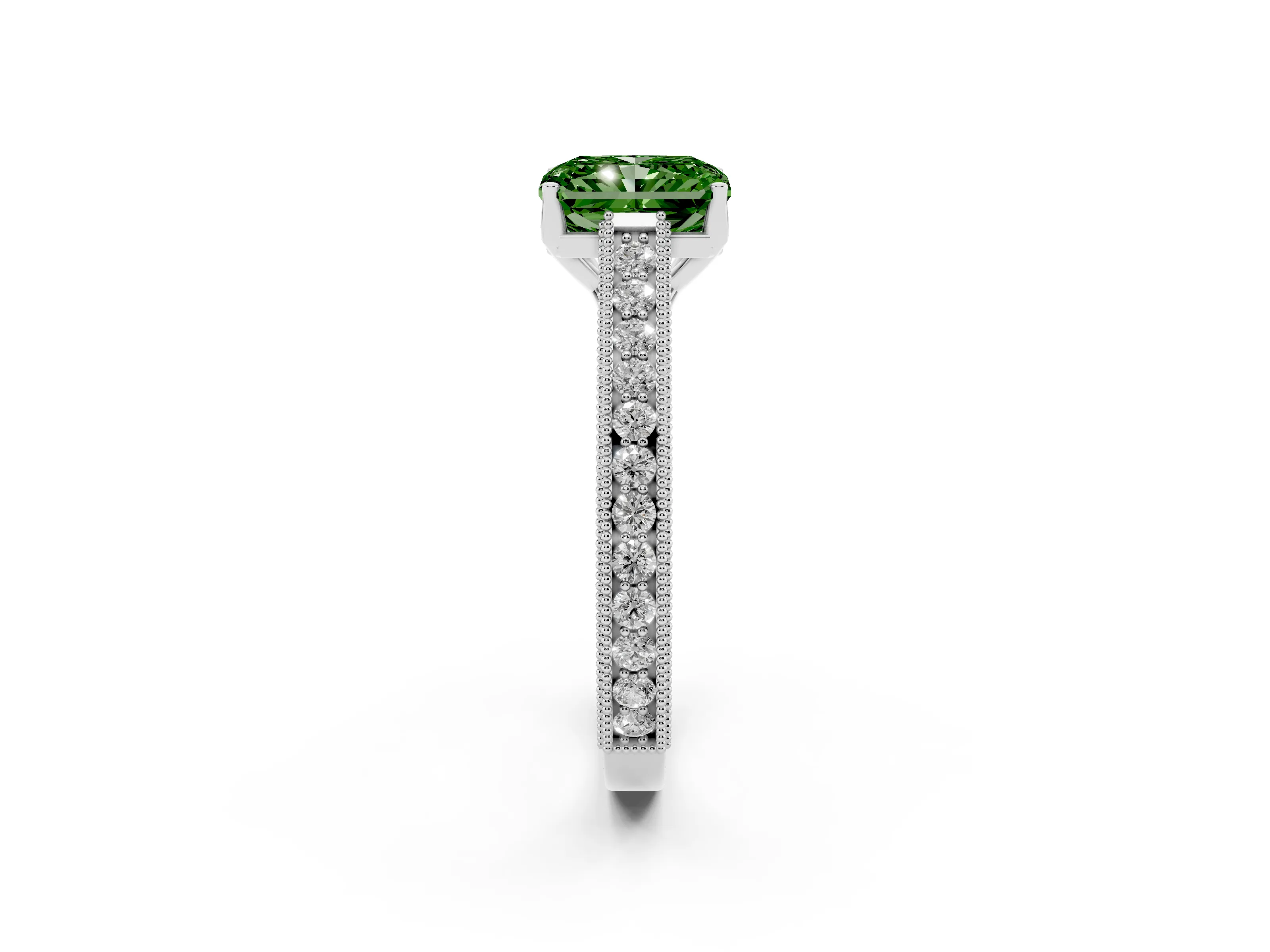 Fancy Green Radiant Cut Diamond Milgrain Pavé Band Solitaire Ring Set in Silver with Prong Setting