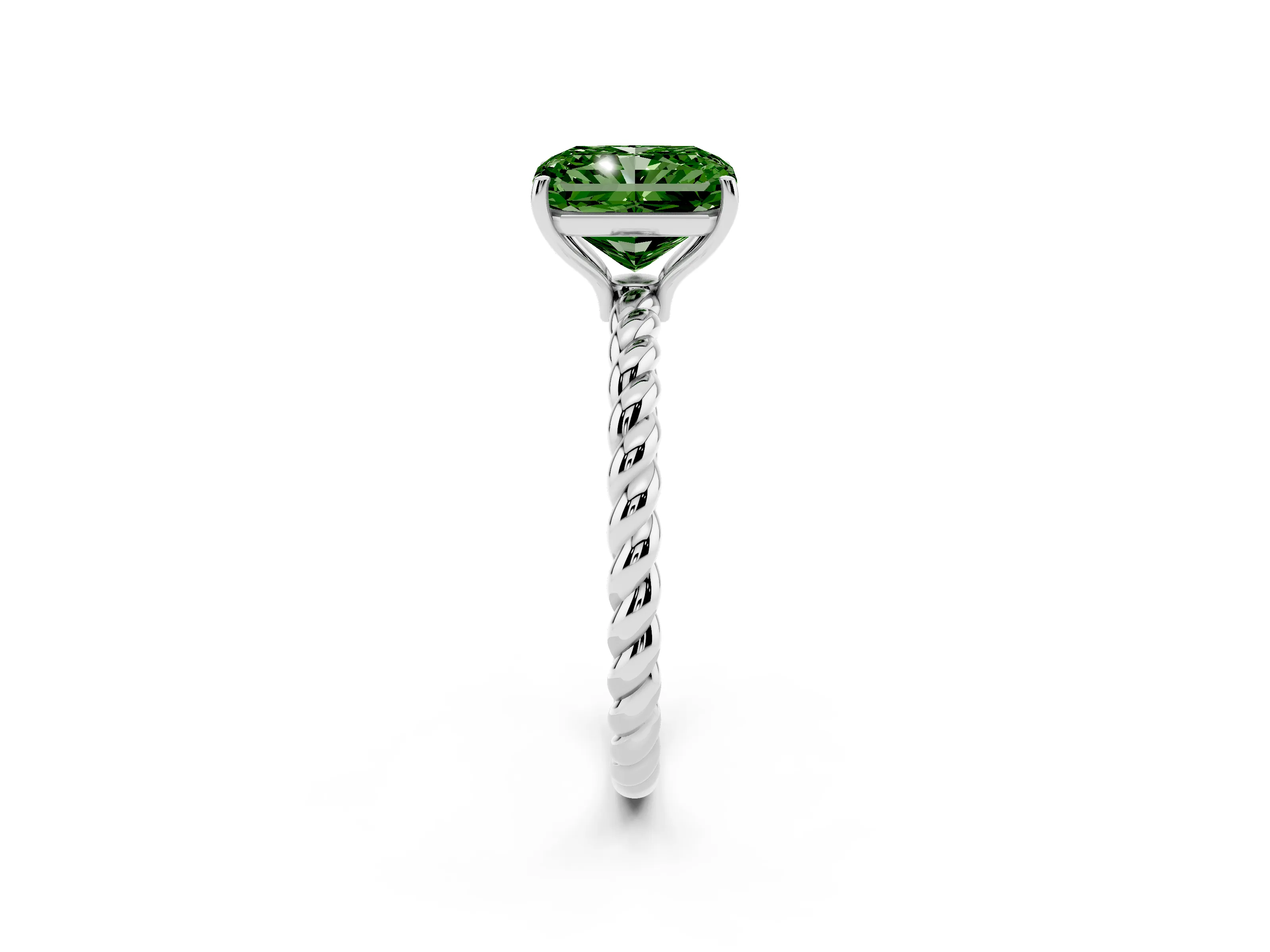 Fancy Green Radiant Cut Diamond Solitaire Ring Set in White gold with Twist Band and Prong Setting