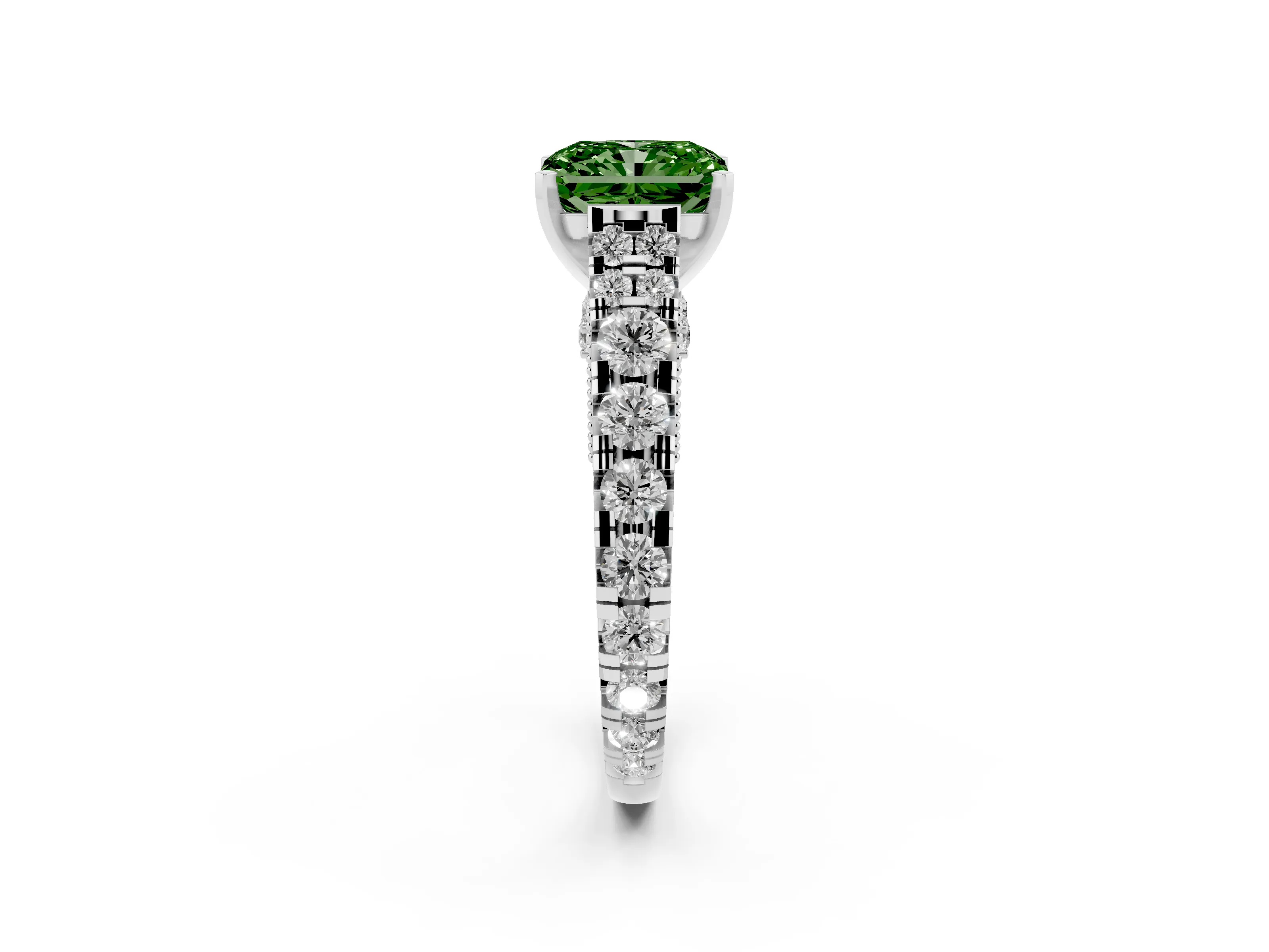 Fancy Green Radiant Cut Diamond Classic Solitaire Ring Set in White gold with Pavé Band and Prong Setting