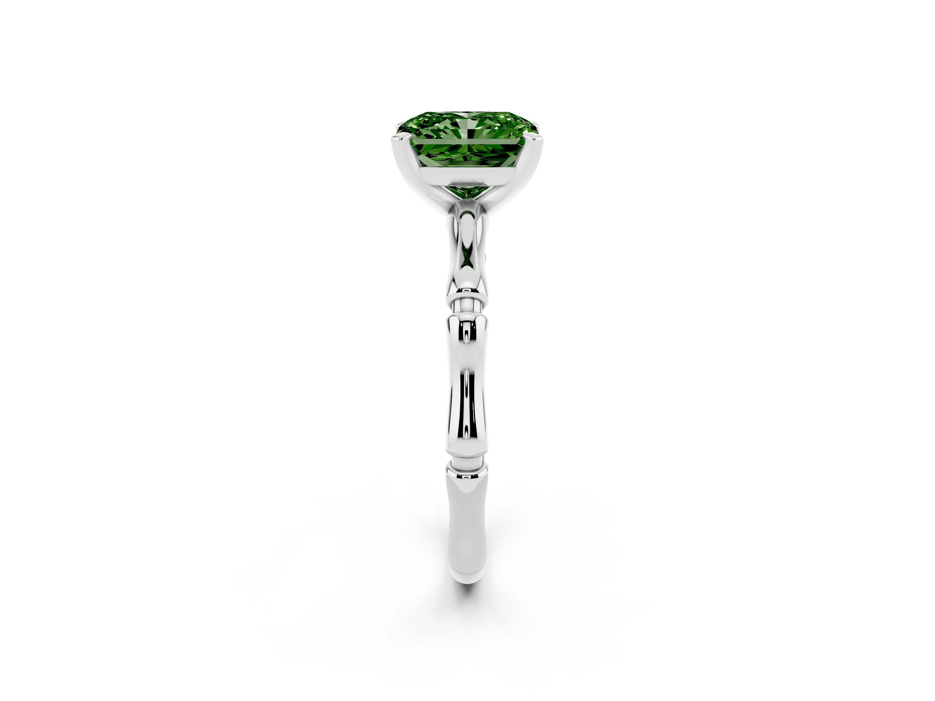 Fancy Green Radiant Cut Diamond Solitaire Ring Set in Silver with Bamboo Band and Prong Setting