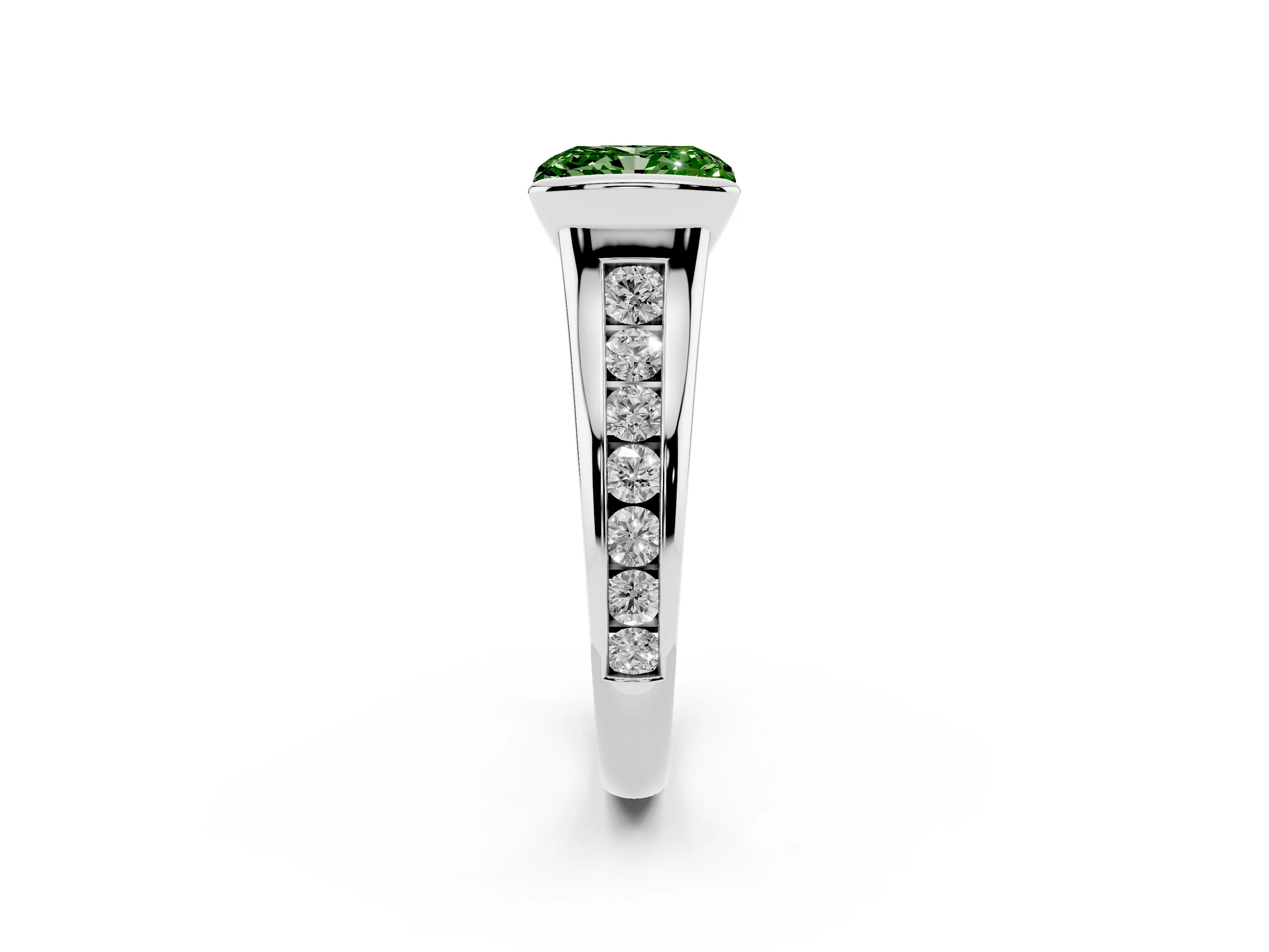 Fancy Green Radiant Cut Diamond Bezel-Set Solitaire Ring Set in White gold with Channel-Set Band