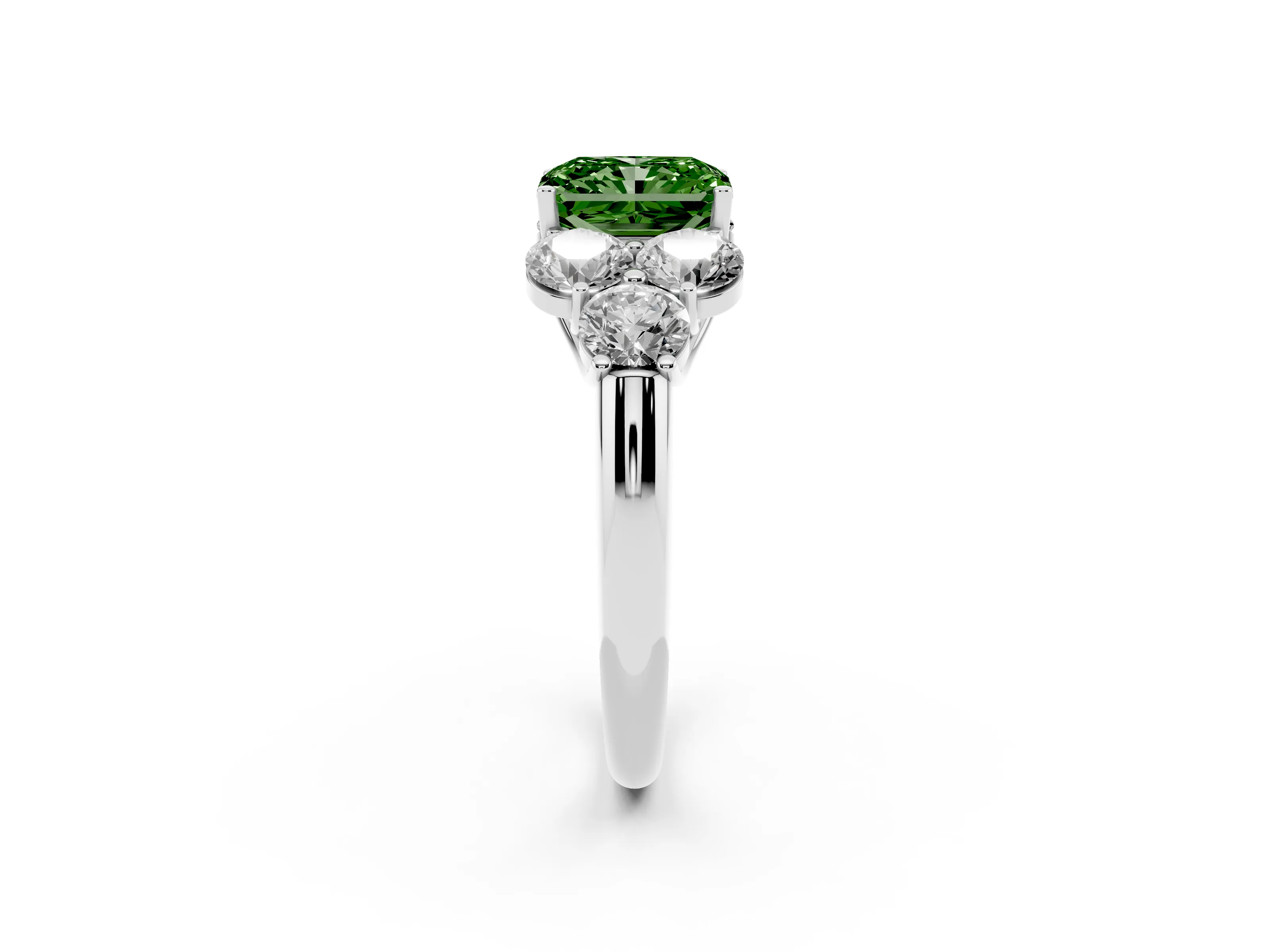 Fancy Green Radiant Cut Diamond Cluster Ring Set in Platinum with Round Accent Stones and Prong Setting on a Plain Band