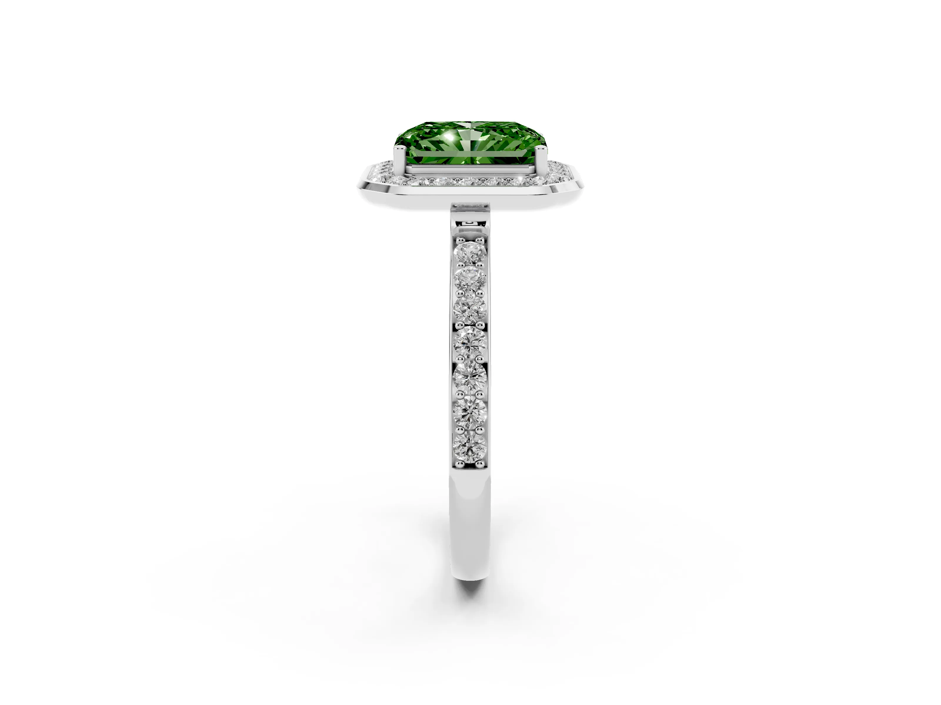 Fancy Green Radiant Cut Diamond Halo Ring Set in Silver with Bezel Frame and Pavé Band
