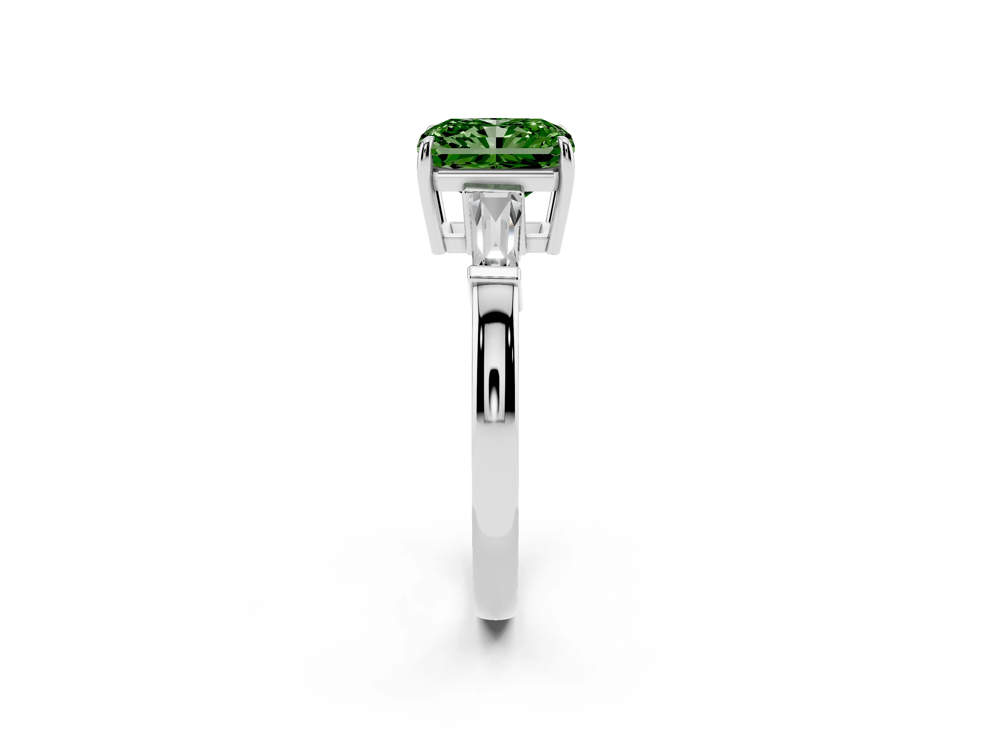 Fancy Green Radiant Cut Diamond Three-Stone Ring Set in Platinum with Tapered Baguette Side Stones and Prong Setting
