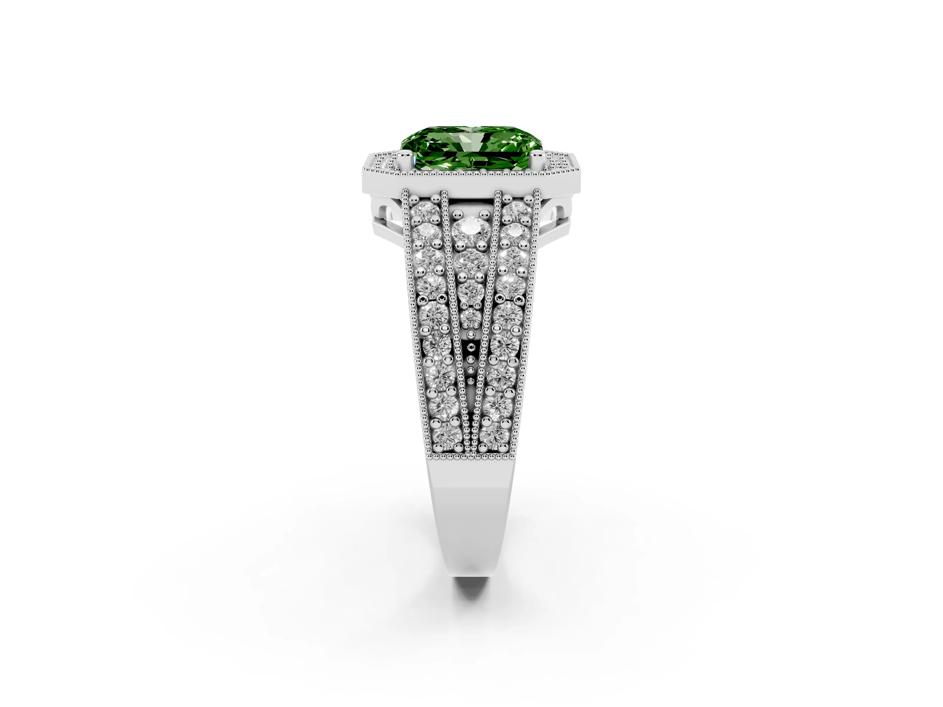 Fancy Green Radiant Cut Diamond Halo Ring Set in Platinum with Accent Split Shank and Prong Setting