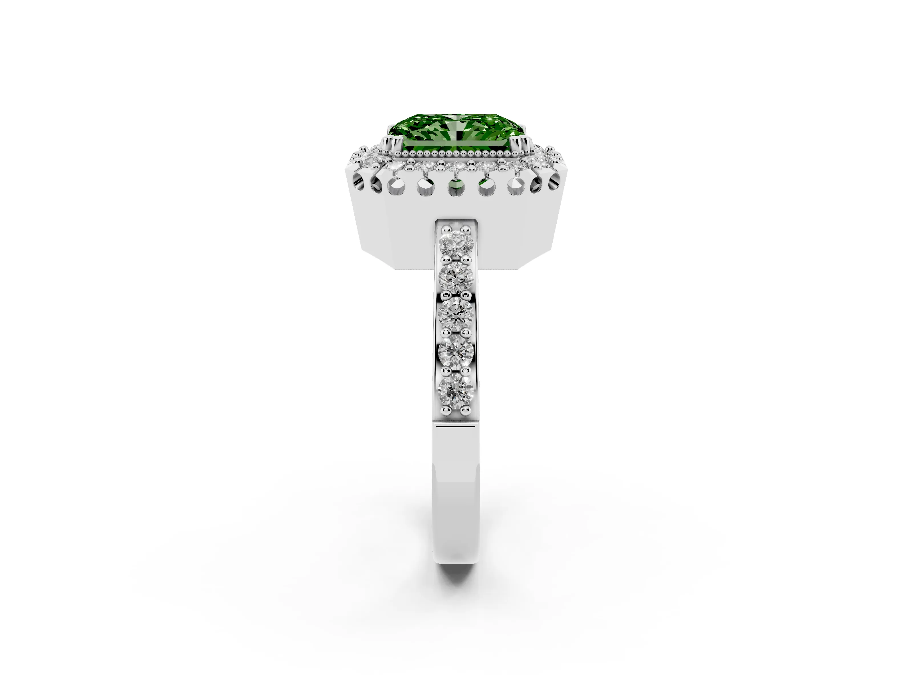 Fancy Green Radiant Cut Diamond Halo Ring Set in White gold with Pavé Shank and Prong Setting