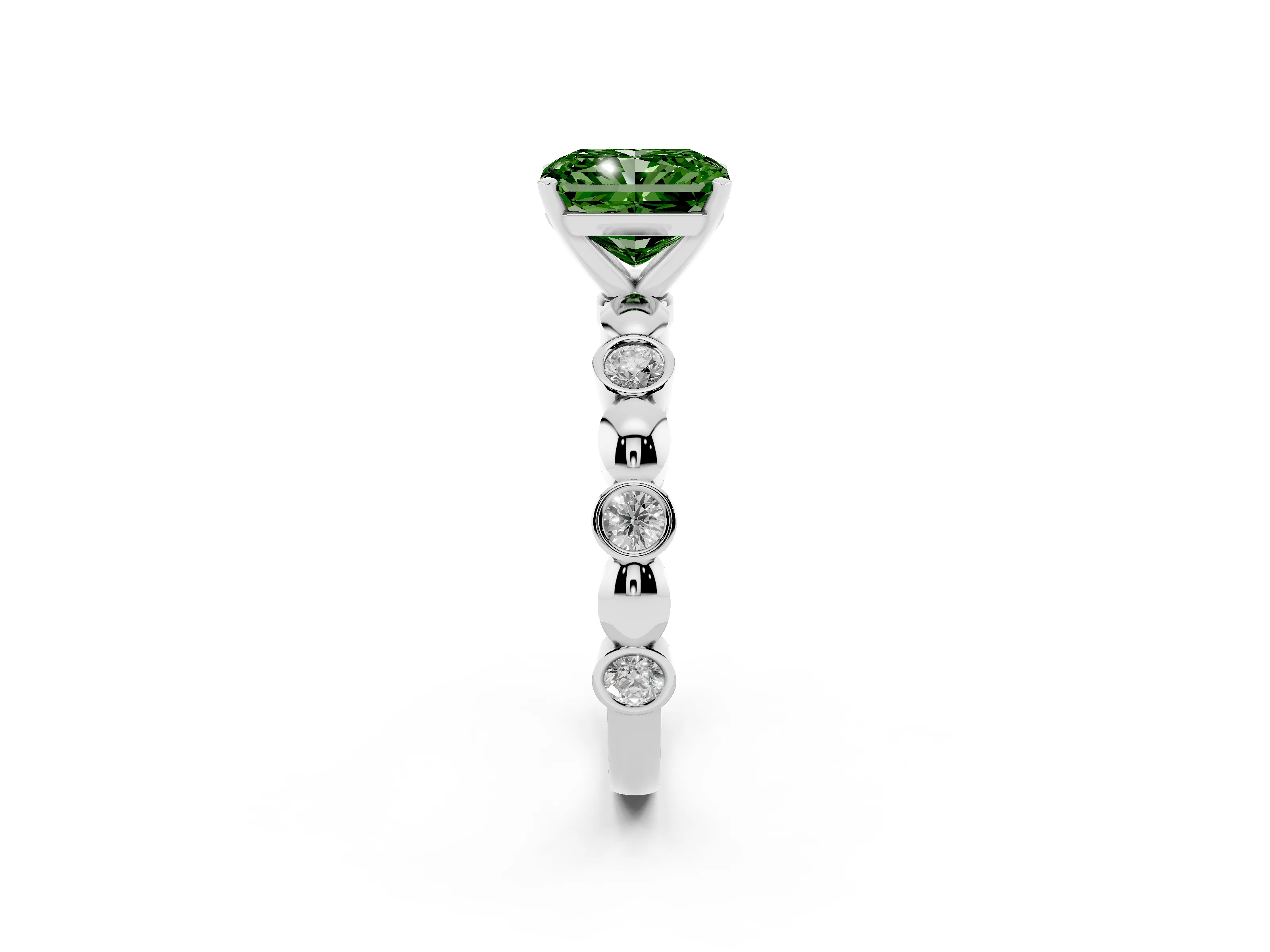 Fancy Green Radiant Cut Diamond Solitaire Ring Set in White gold with Bezel-Set Accents on Beaded Band and Prong Setting