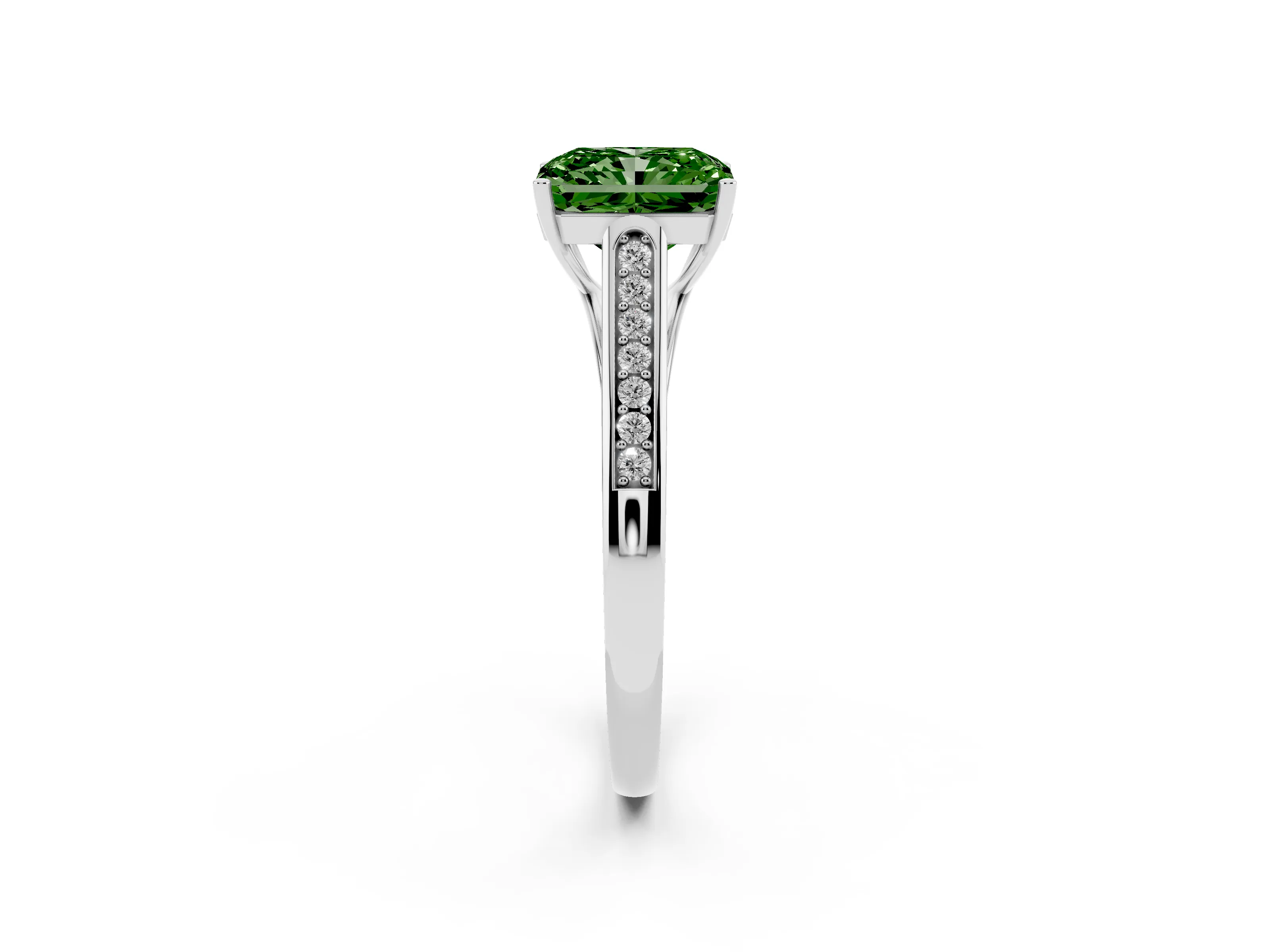 Fancy Green Radiant Cut Diamond Solitaire Cathedral Engagement Ring Set in Platinum with Channel-Set Band and Prong Setting