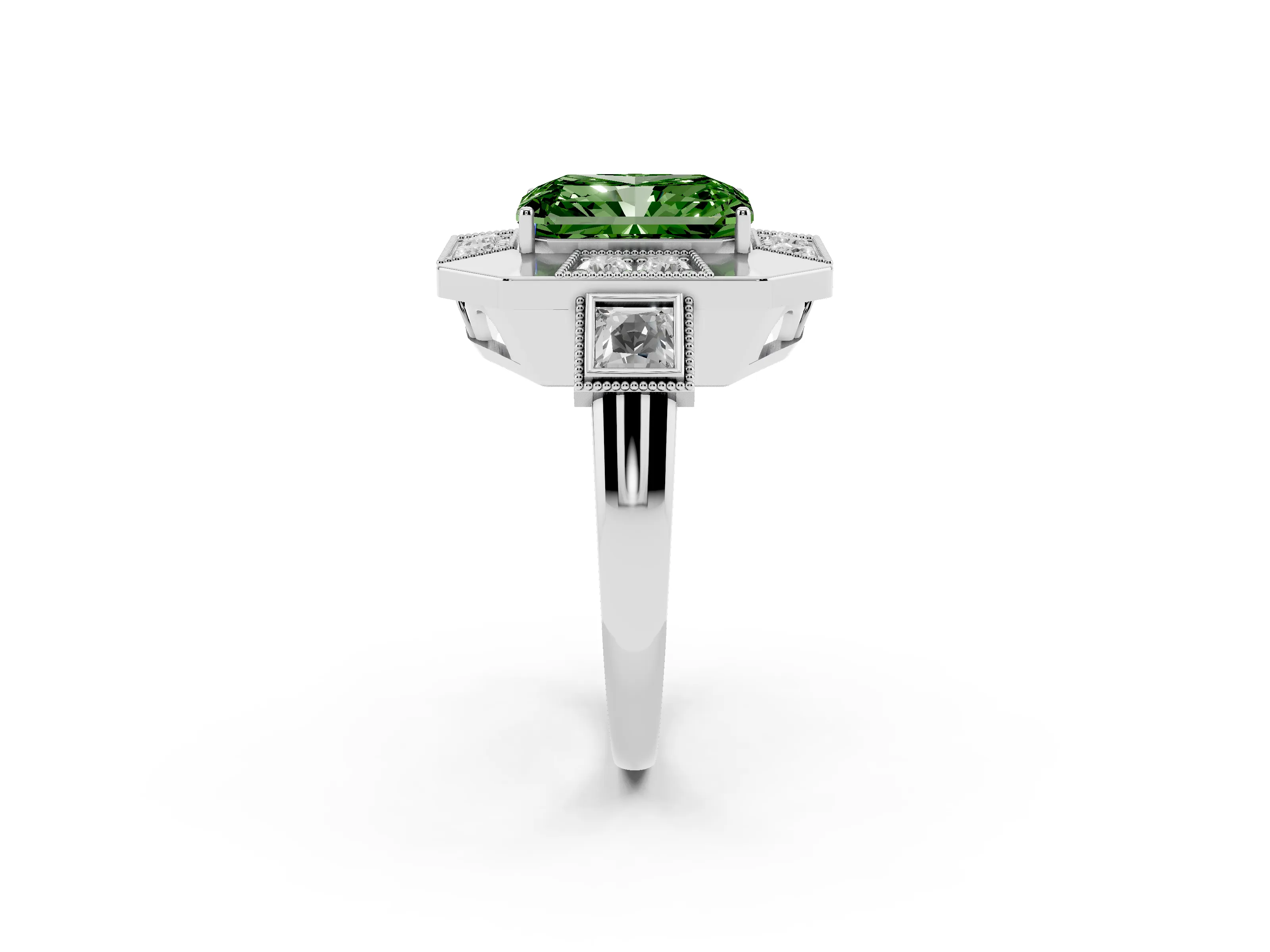 Fancy Green Radiant Cut Diamond Milgrain Halo Ring Set in Silver with Split Shank