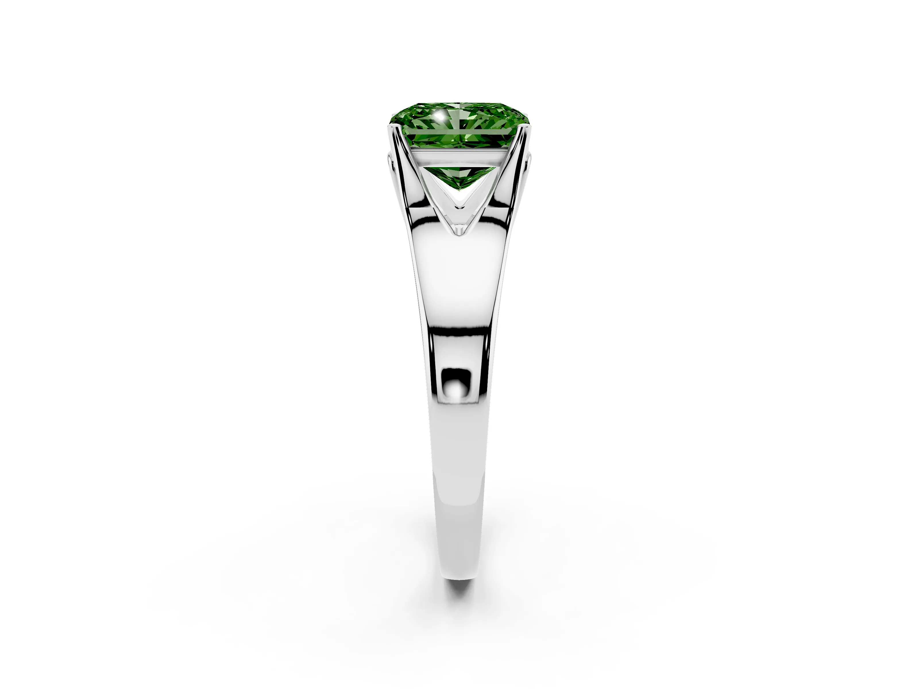 Fancy Green Radiant Cut Diamond Solitaire Ring Set in Platinum with Arched Cathedral Band and Prong Setting