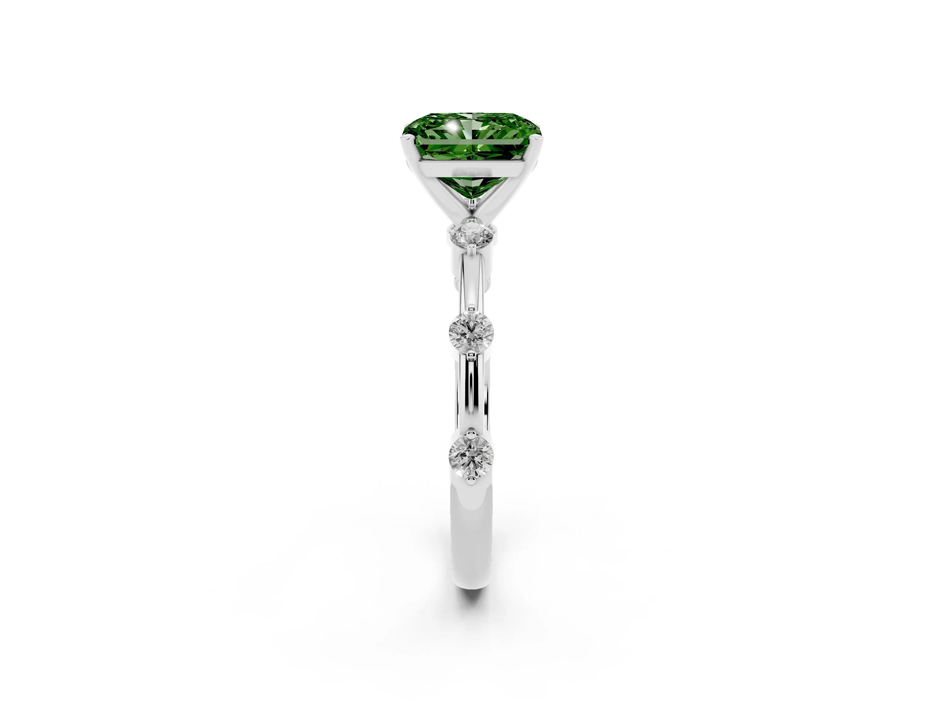 Fancy Green Radiant Cut Diamond Solitaire Ring Set in White gold with Bezel Set Side Stones and Prong Setting