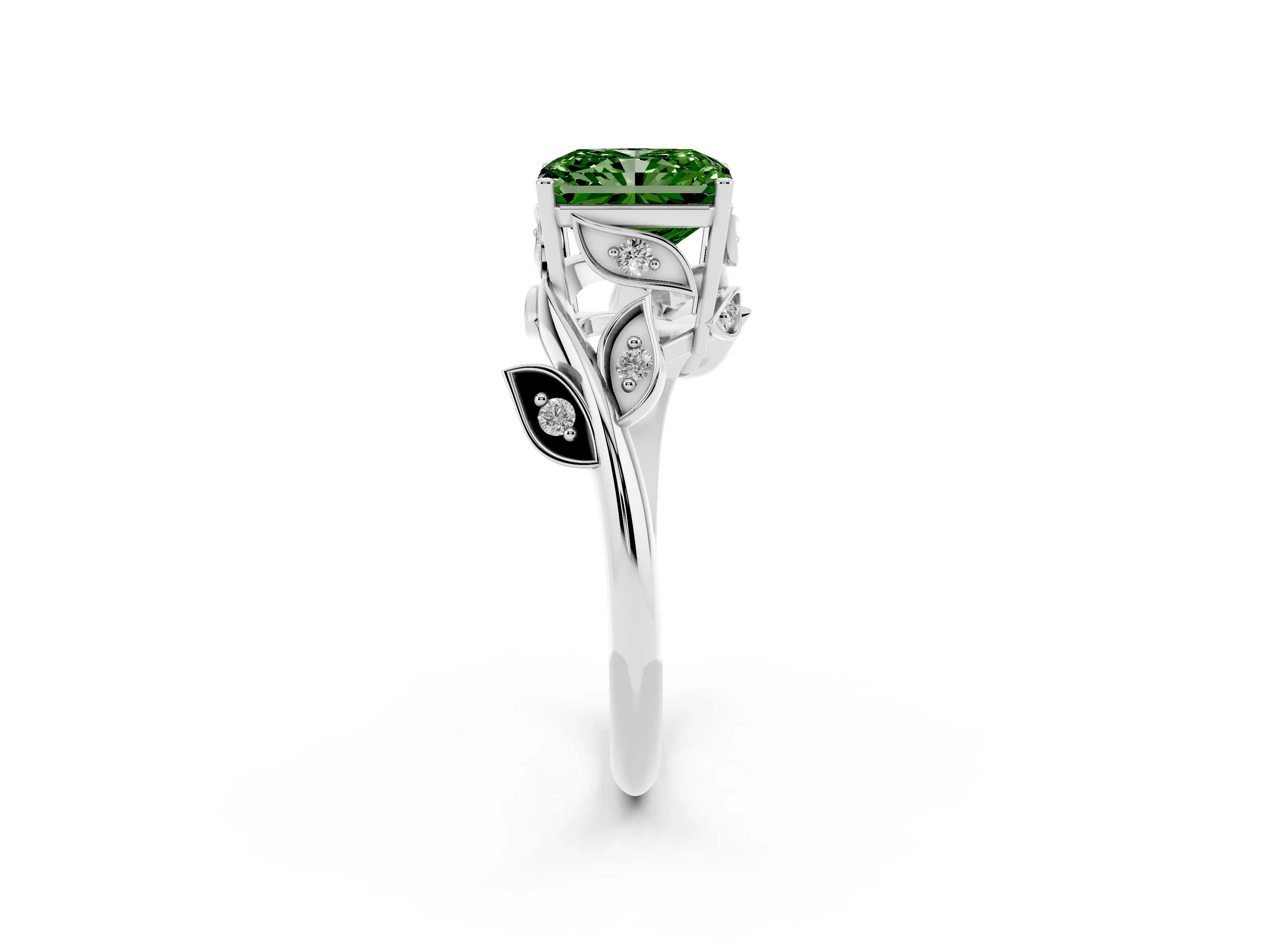 Fancy Green Radiant Cut Diamond Solitaire Twist Engagement Ring Set in White gold with Pavé Leaf Accents