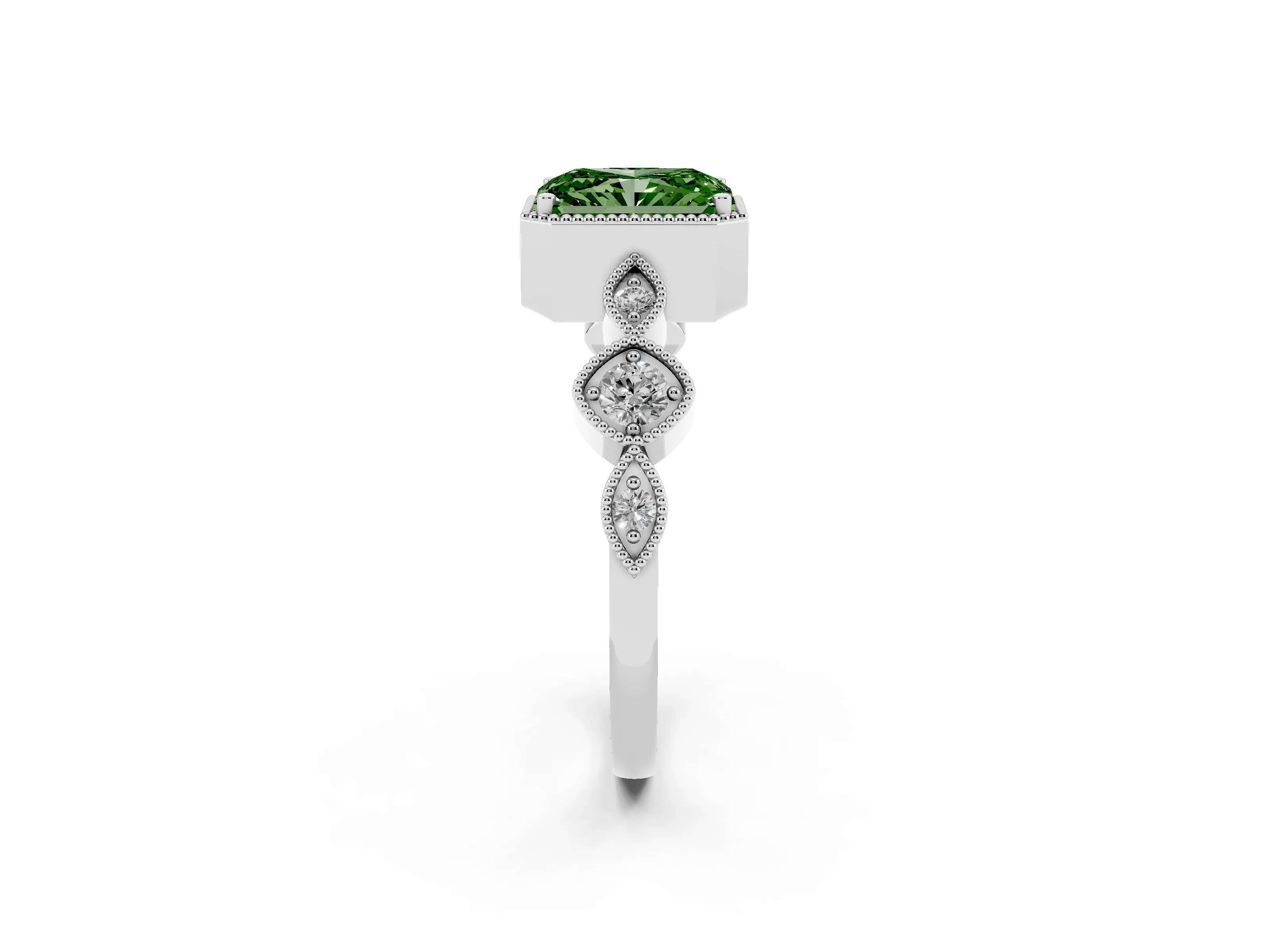 Fancy Green Radiant Cut Diamond Vintage-Inspired Milgrain Ring Set in Platinum with Marquise Stations of Round Accents
