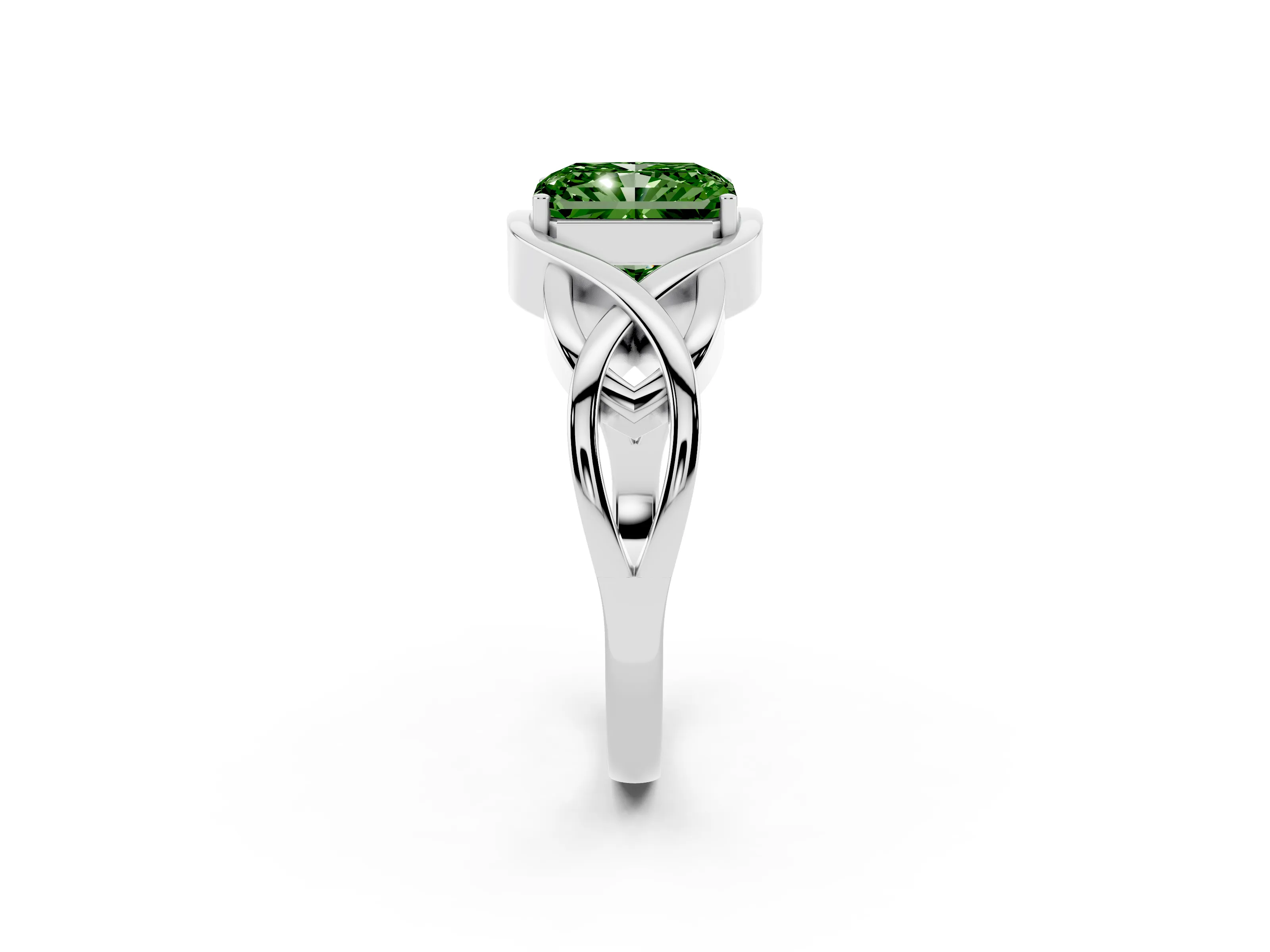 Fancy Green Radiant Cut Diamond Solitaire Ring Set in Silver with Intertwined Band