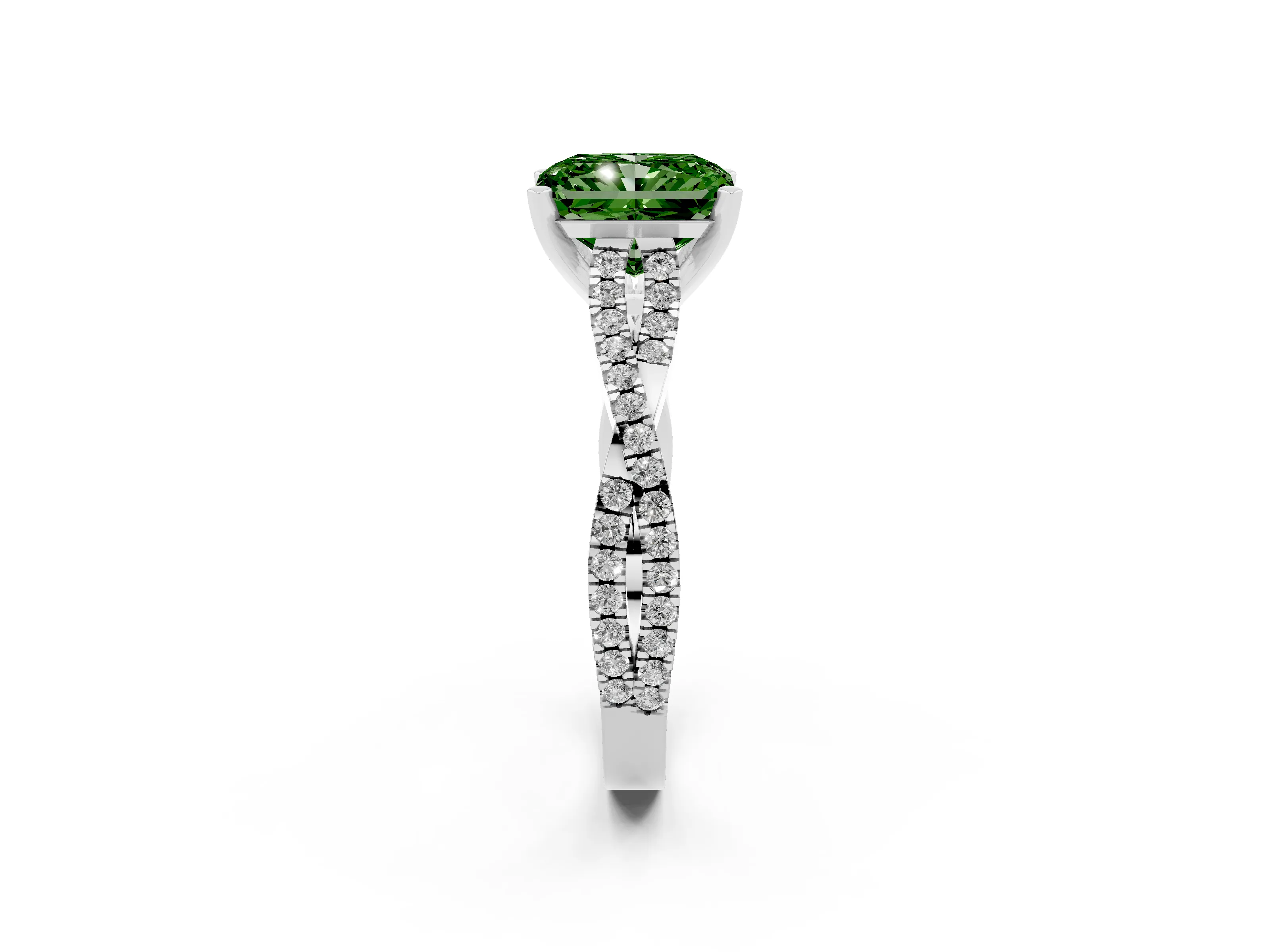 Fancy Green Radiant Cut Diamond Solitaire Engagement Ring Set in Platinum with Twisted Pavé Band and Prong Setting
