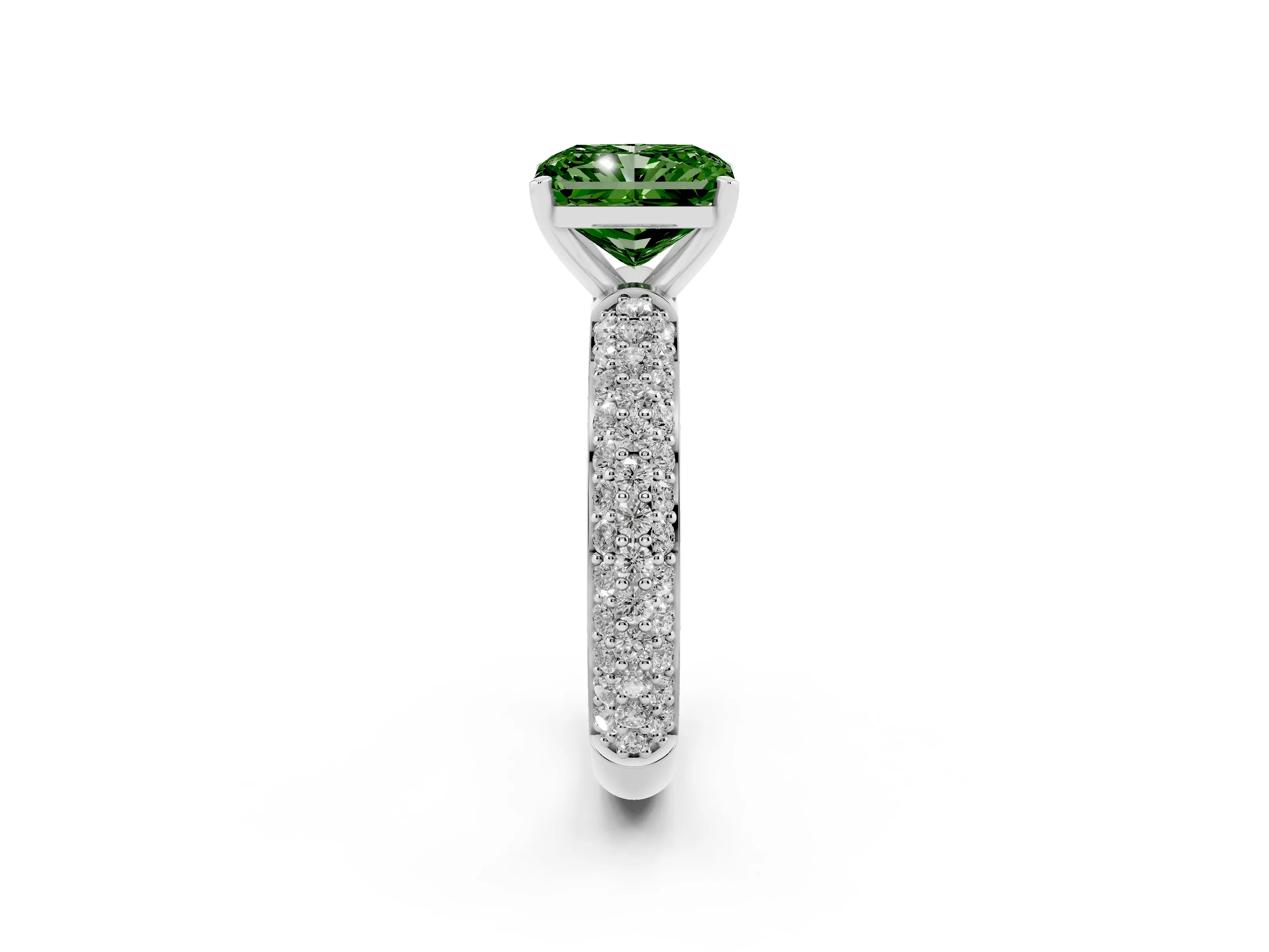 Fancy Green Radiant Cut Diamond Solitaire Ring Set in Platinum with Prong Setting and Pavé-Set Band