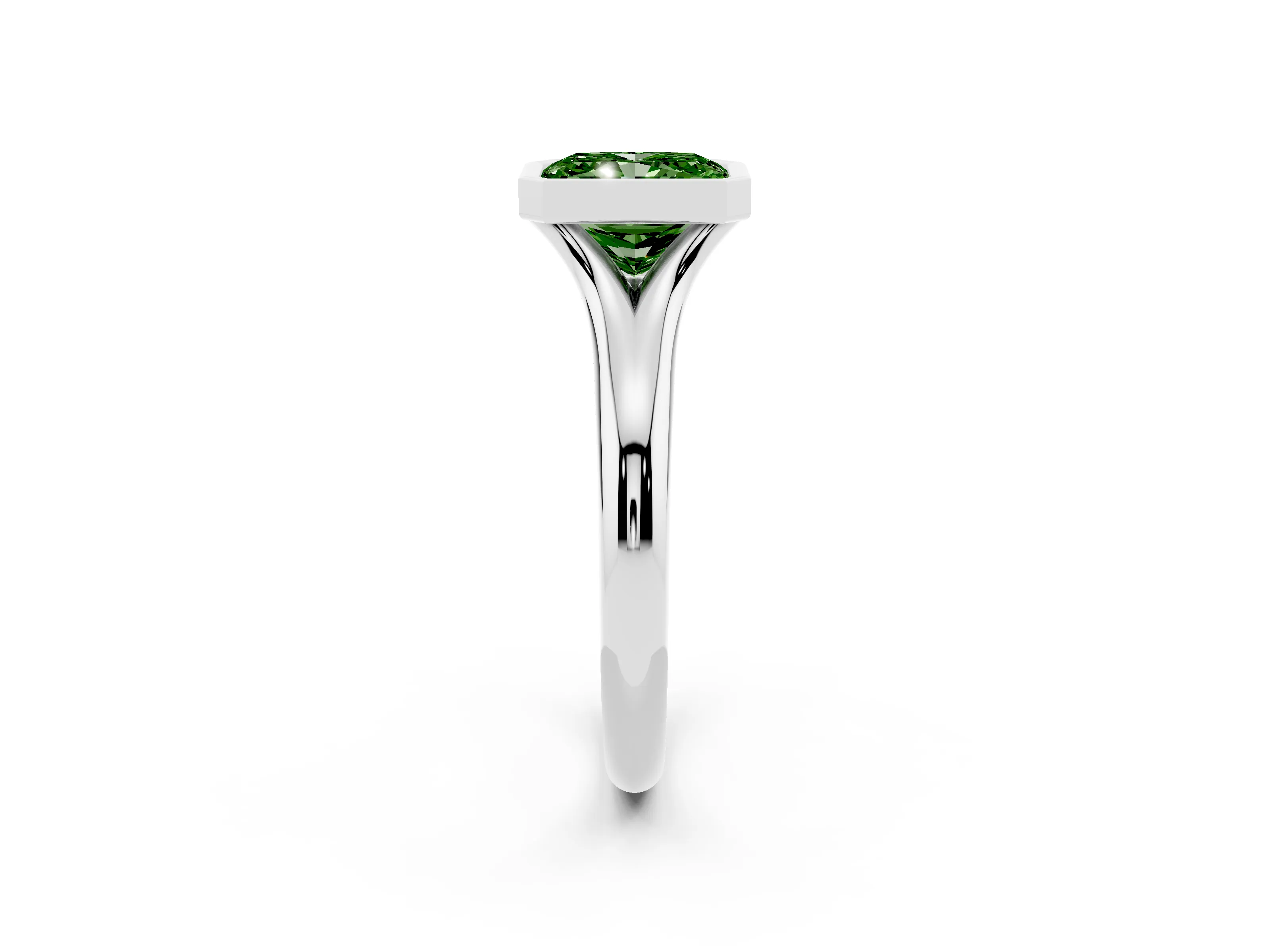 Fancy Green Bezel Set Radiant Cut Diamond Solitaire Ring Set in Silver with Smooth Band
