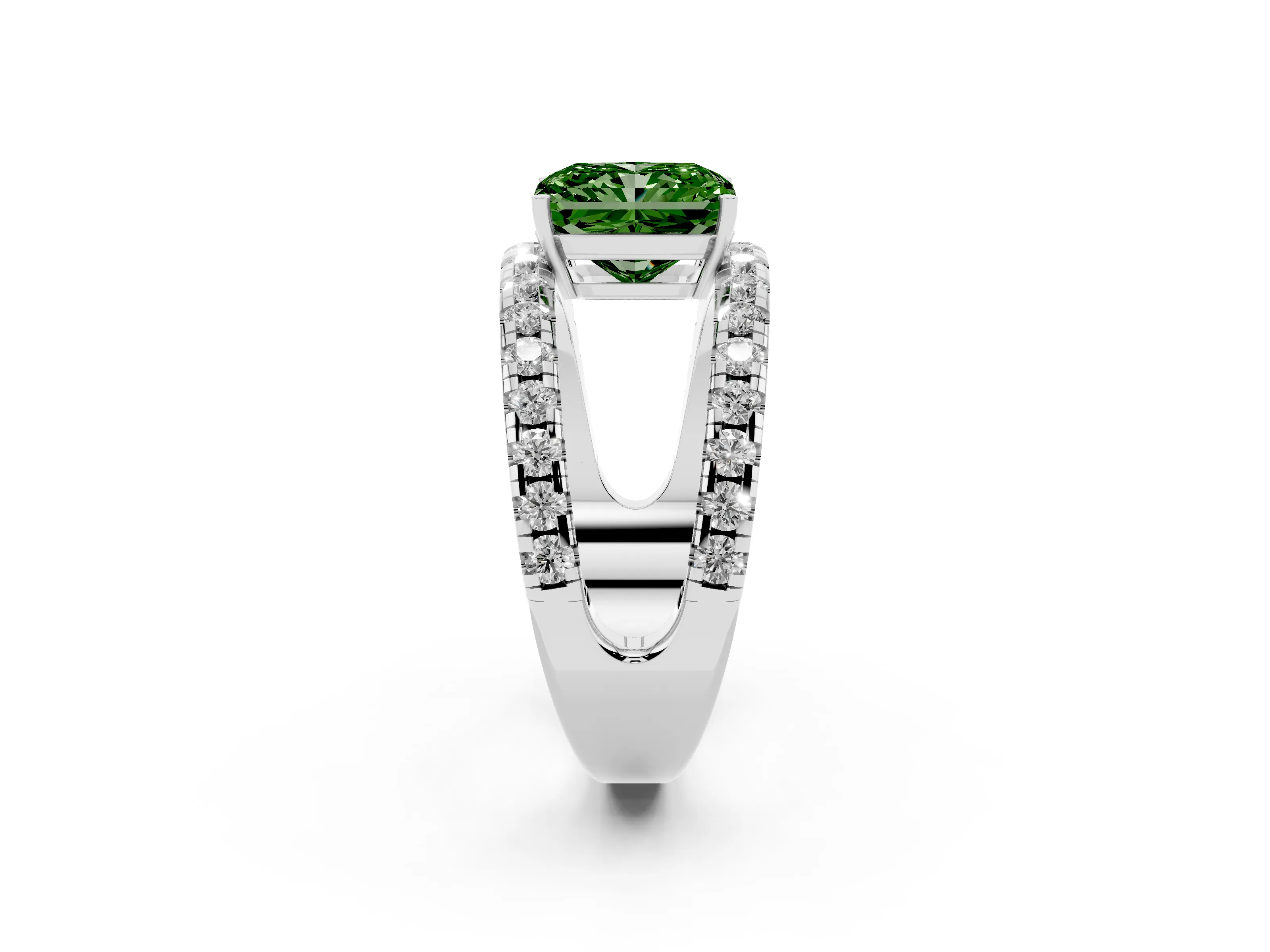 Fancy Green Radiant Cut Diamond Split Shank Pavé Solitaire Ring Set in Silver with Open Shank Design
