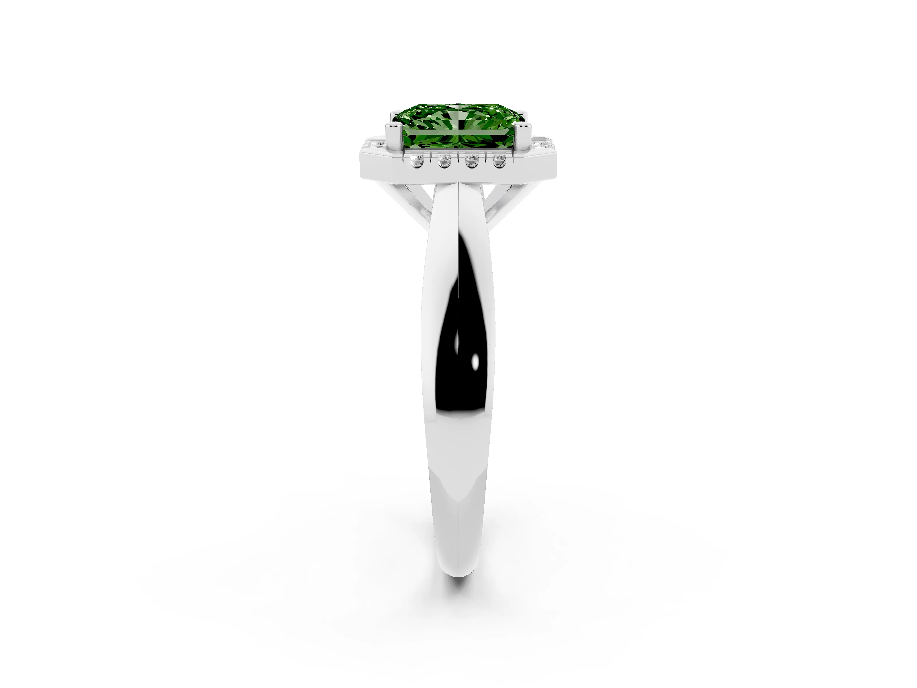 Fancy Green Radiant Cut Diamond Halo Solitaire Engagement Ring Set in White gold with Square Band and Prong Setting