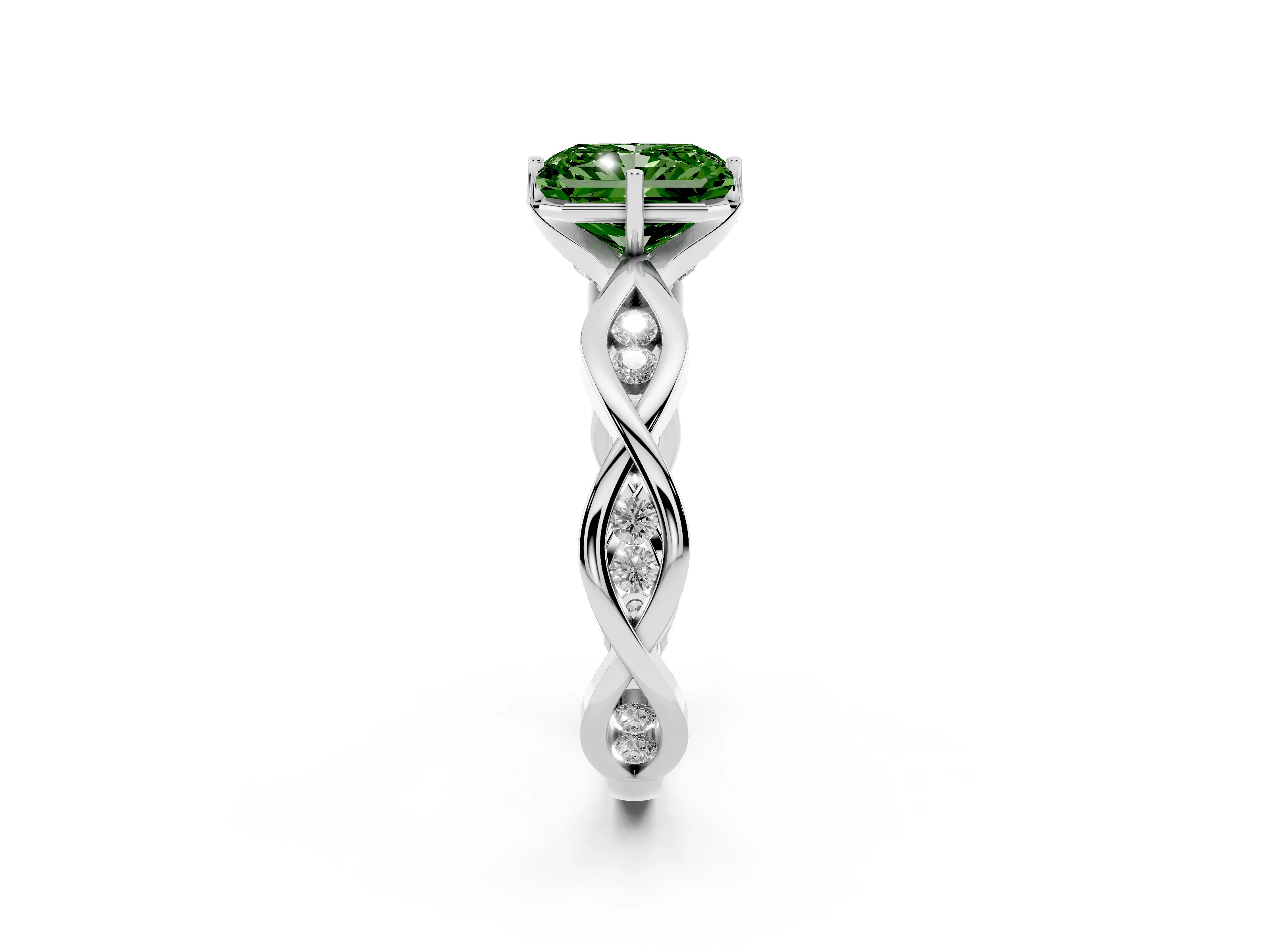 Fancy Green Radiant Cut Diamond Twist Band Solitaire Ring Set in Silver with Leaf Prong Setting and Accent Stones