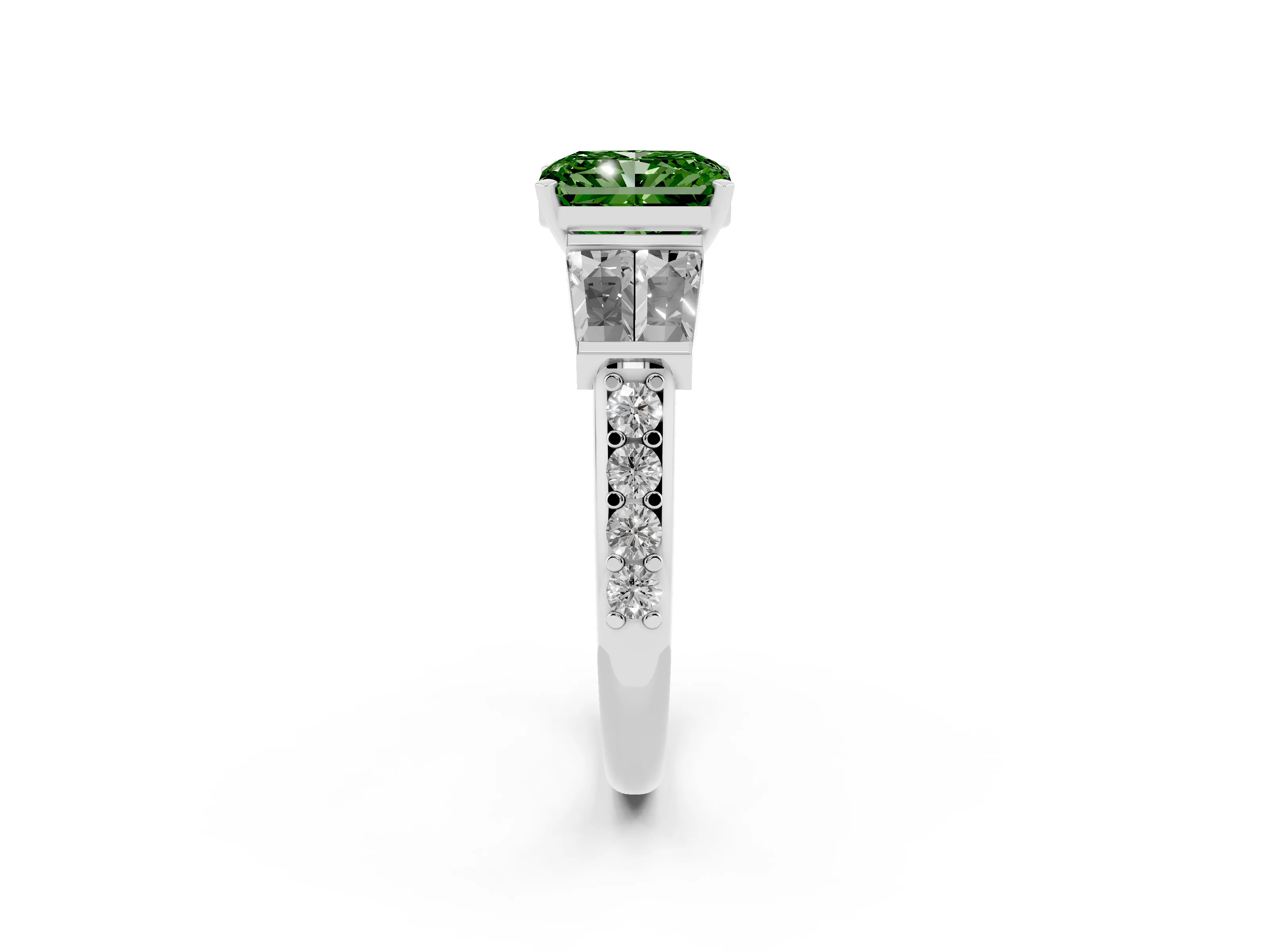 Fancy Green Radiant Cut Diamond Engagement Ring Set in Silver with Baguette Side Stones and Channel Set Band