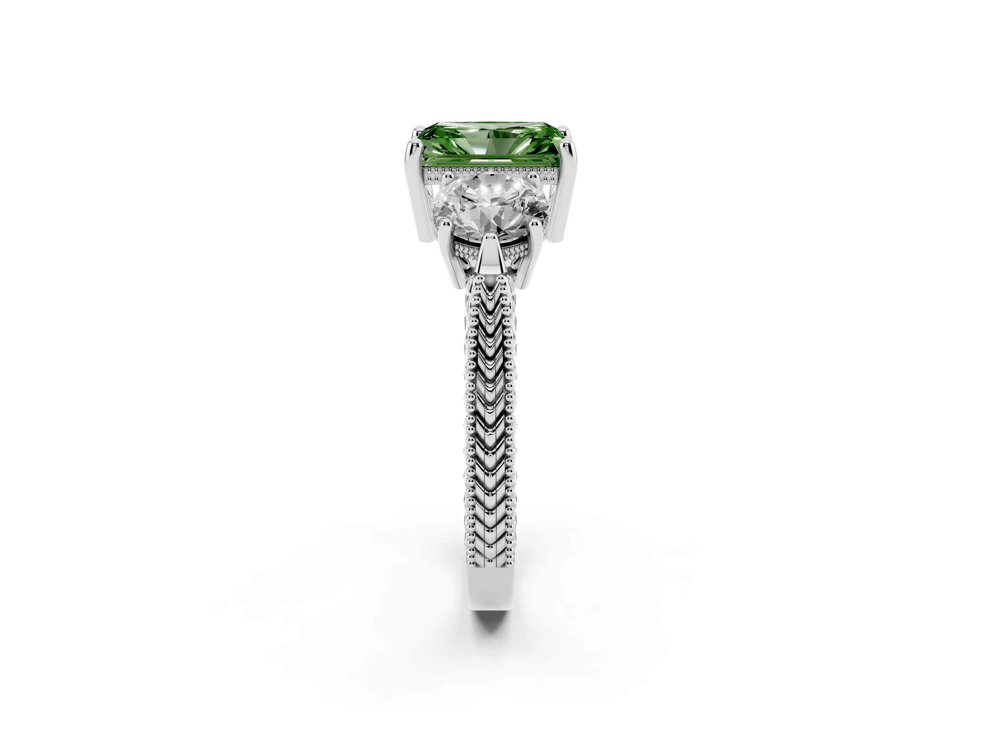 Fancy Green Radiant Cut Diamond Three-Stone Ring Set in Silver with Milgrain Band