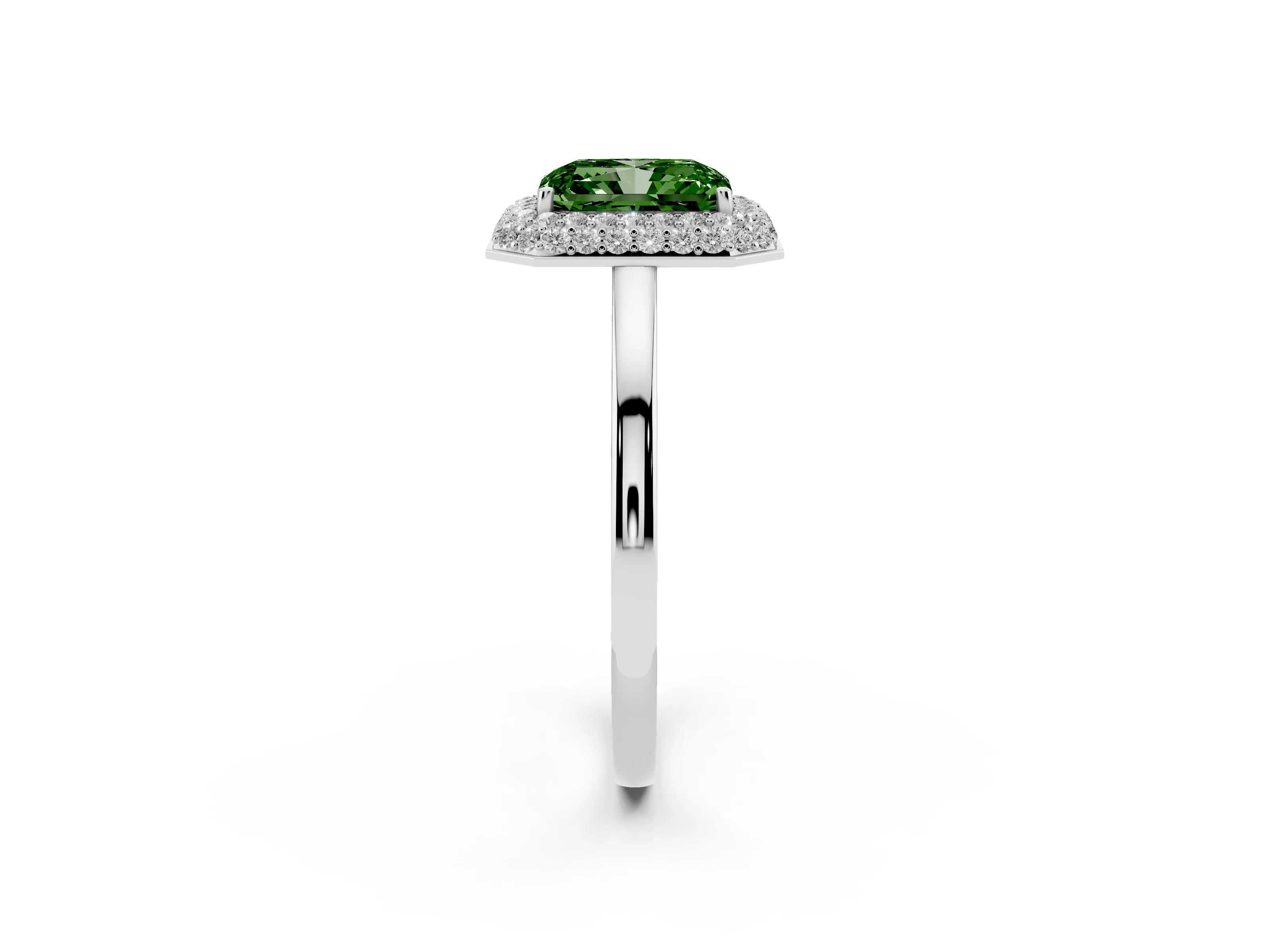 Fancy Green Radiant Cut Diamond Halo Engagement Ring Set in Platinum with Solitaire Band and Prong Setting