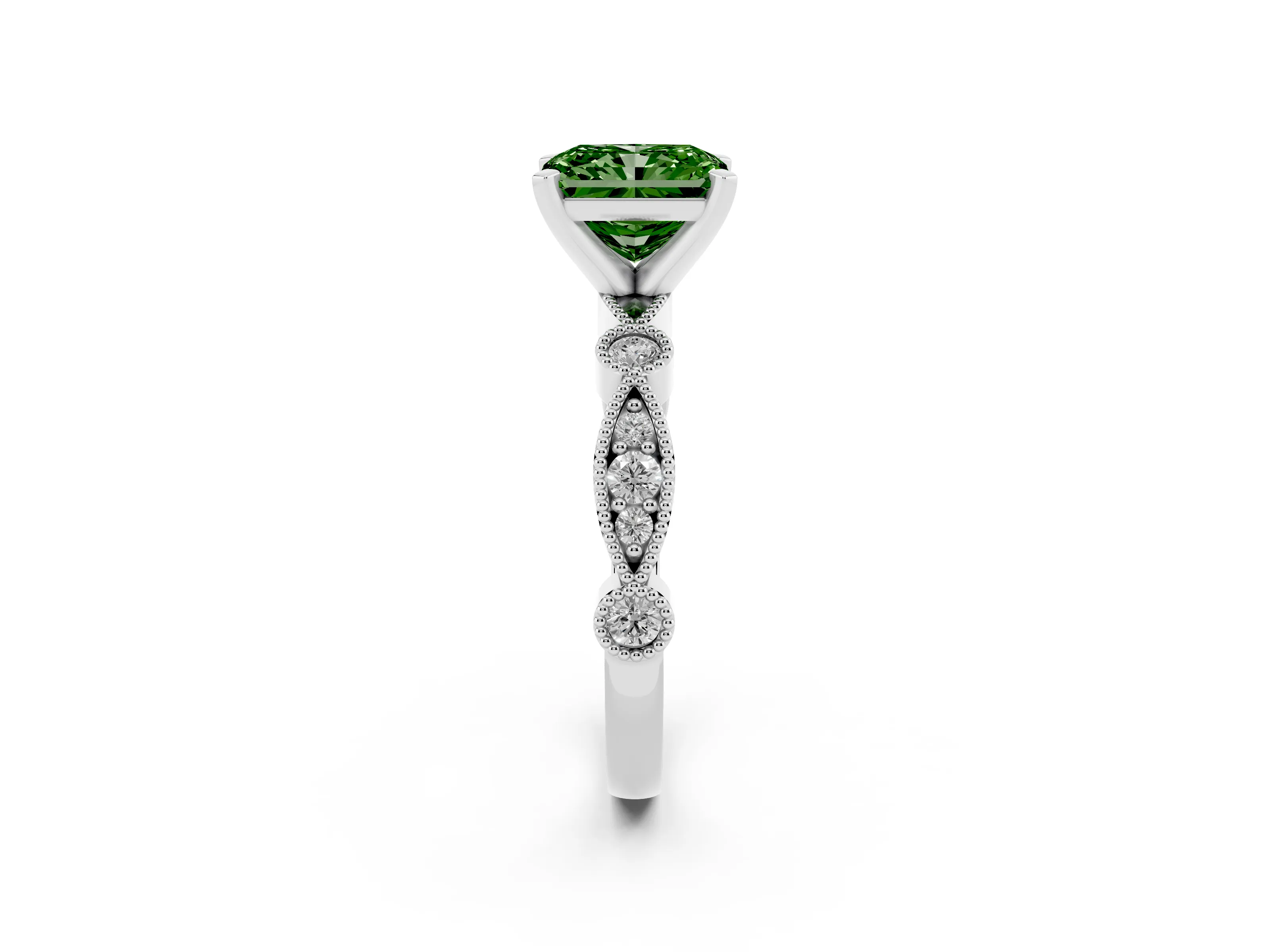 Fancy Green Radiant Cut Diamond Solitaire Engagement Ring Set in White gold with Milgrain Bezel Accent Band