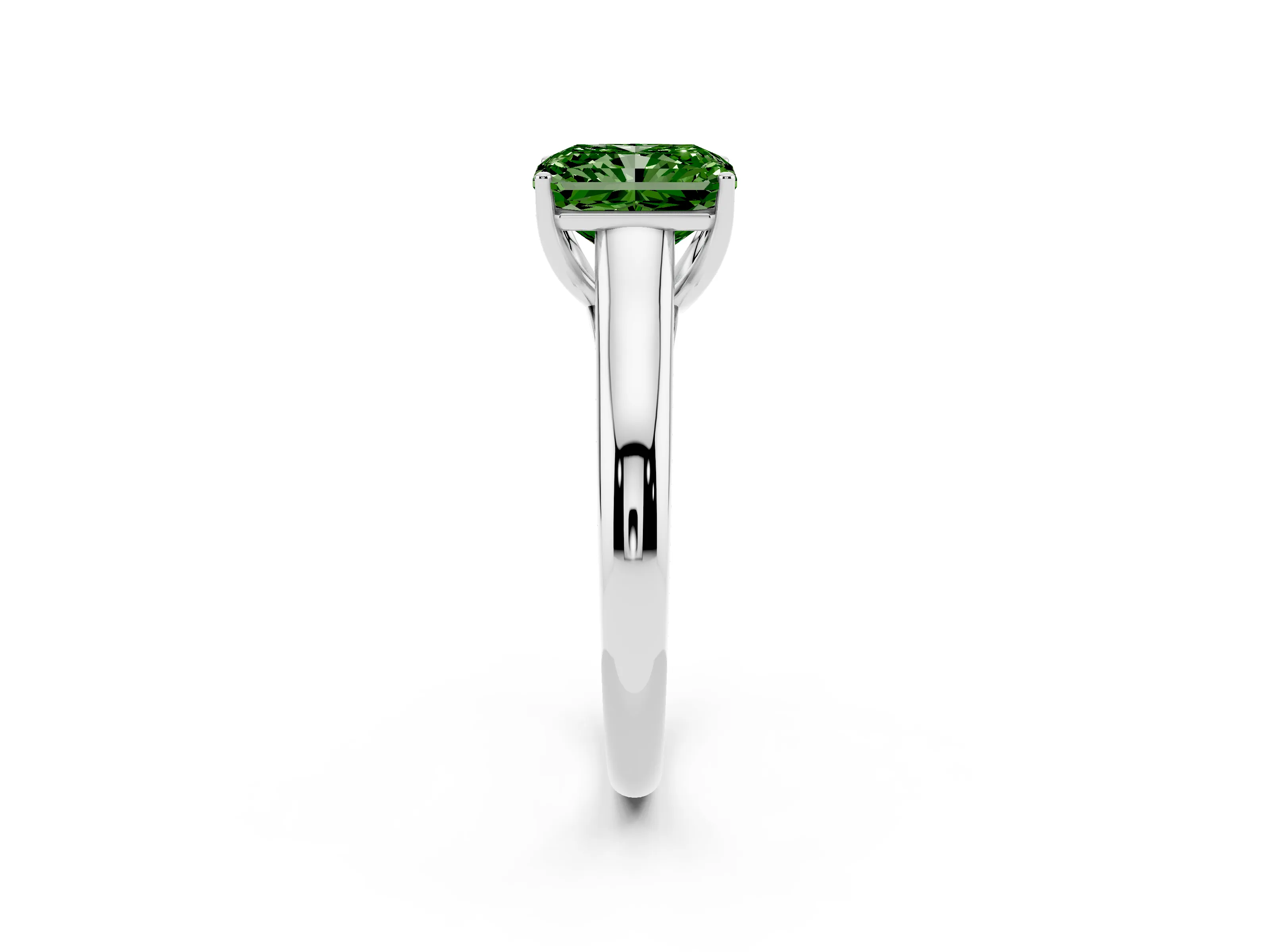 Fancy Green Radiant Cut Diamond Solitaire Engagement Ring Set in Platinum with Subtly Tapered Band and Prong Setting