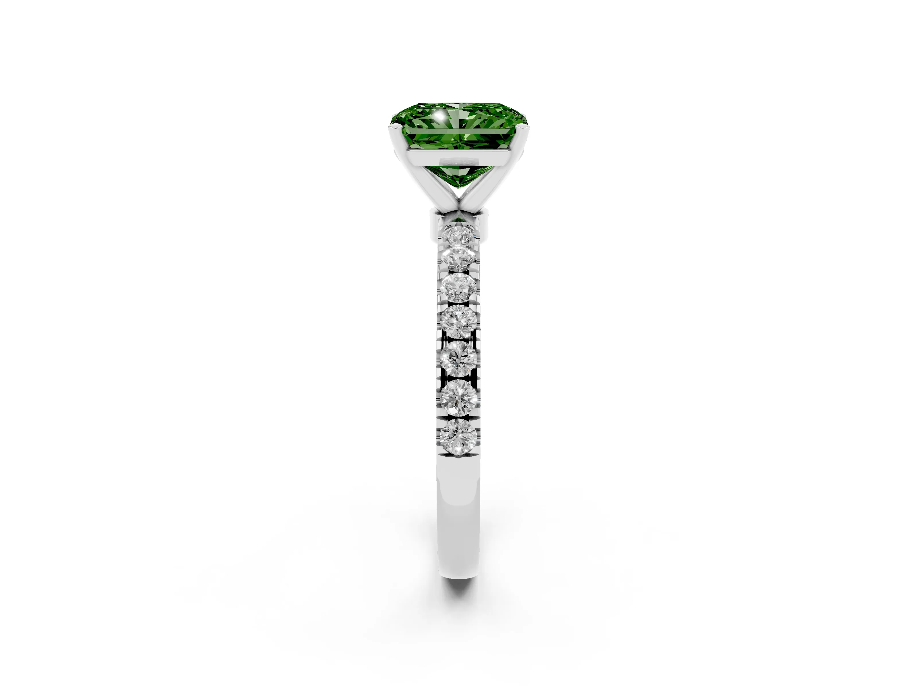 Fancy Green Radiant Cut Diamond Solitaire Ring Set in Silver with Pavé Accents and Prong Setting