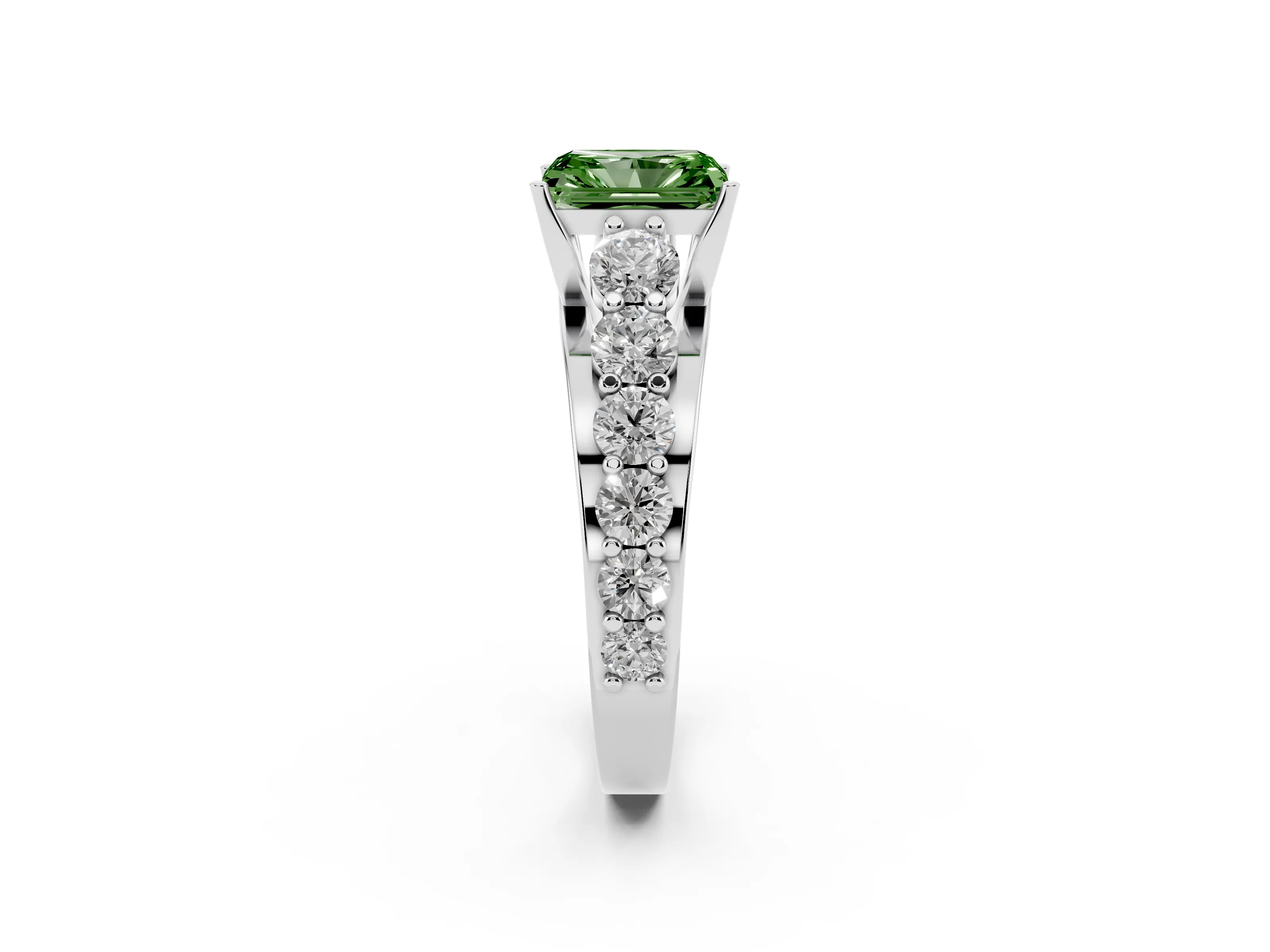 Fancy Green Radiant Cut Diamond Pavé Engagement Ring Set in Silver with Prong Setting