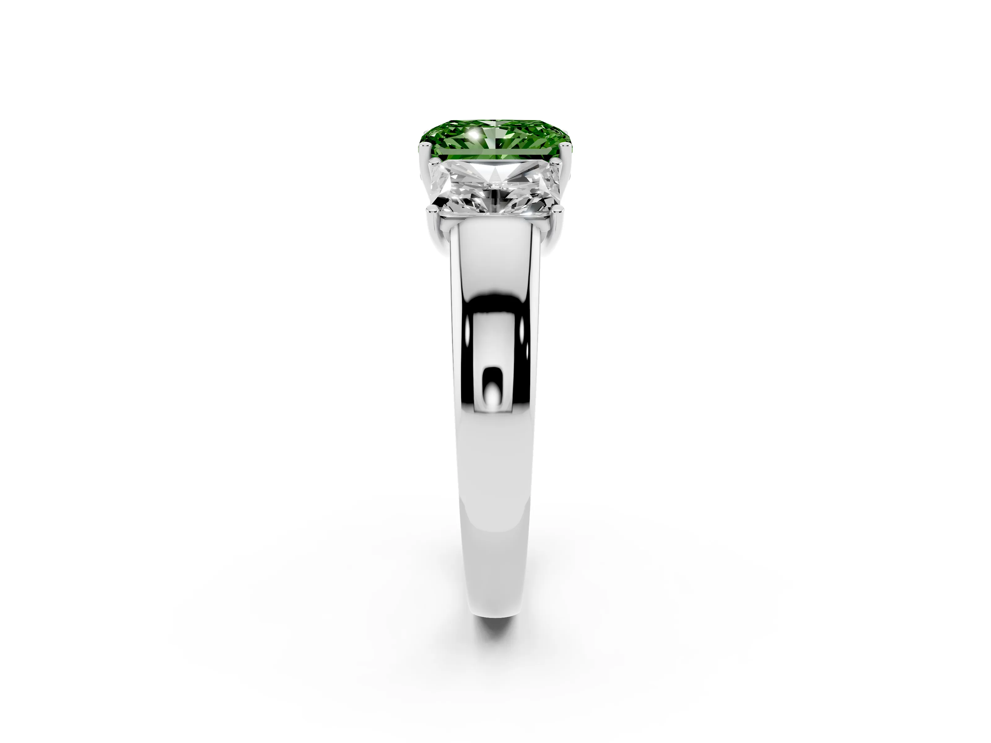 Fancy Green Three-Stone Radiant Cut Diamond Ring Set in White gold with Matching Prong Settings and Plain Band