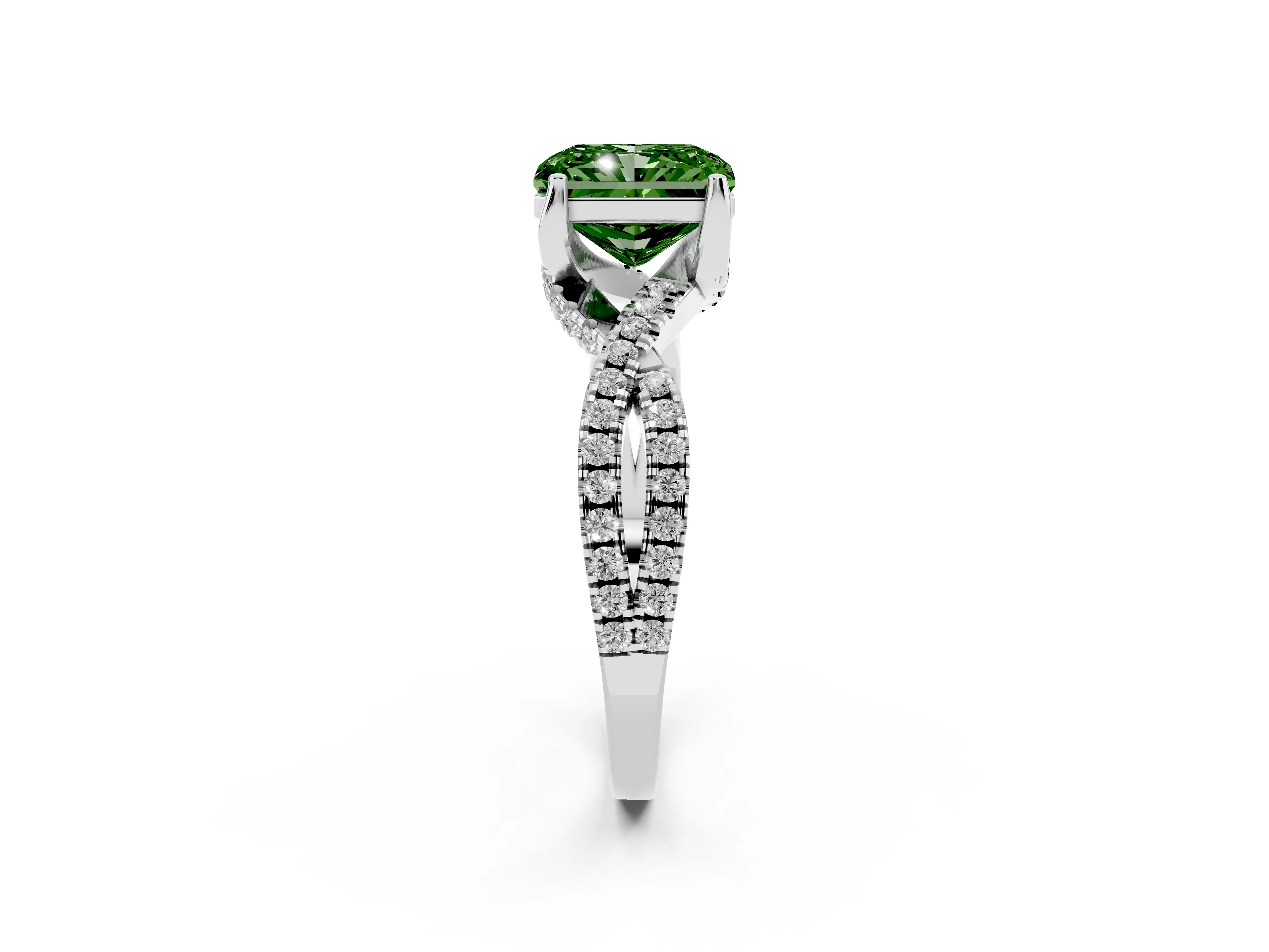 Fancy Green Radiant Cut Diamond Twist Pavé Solitaire Engagement Ring Set in Silver with Prong Setting