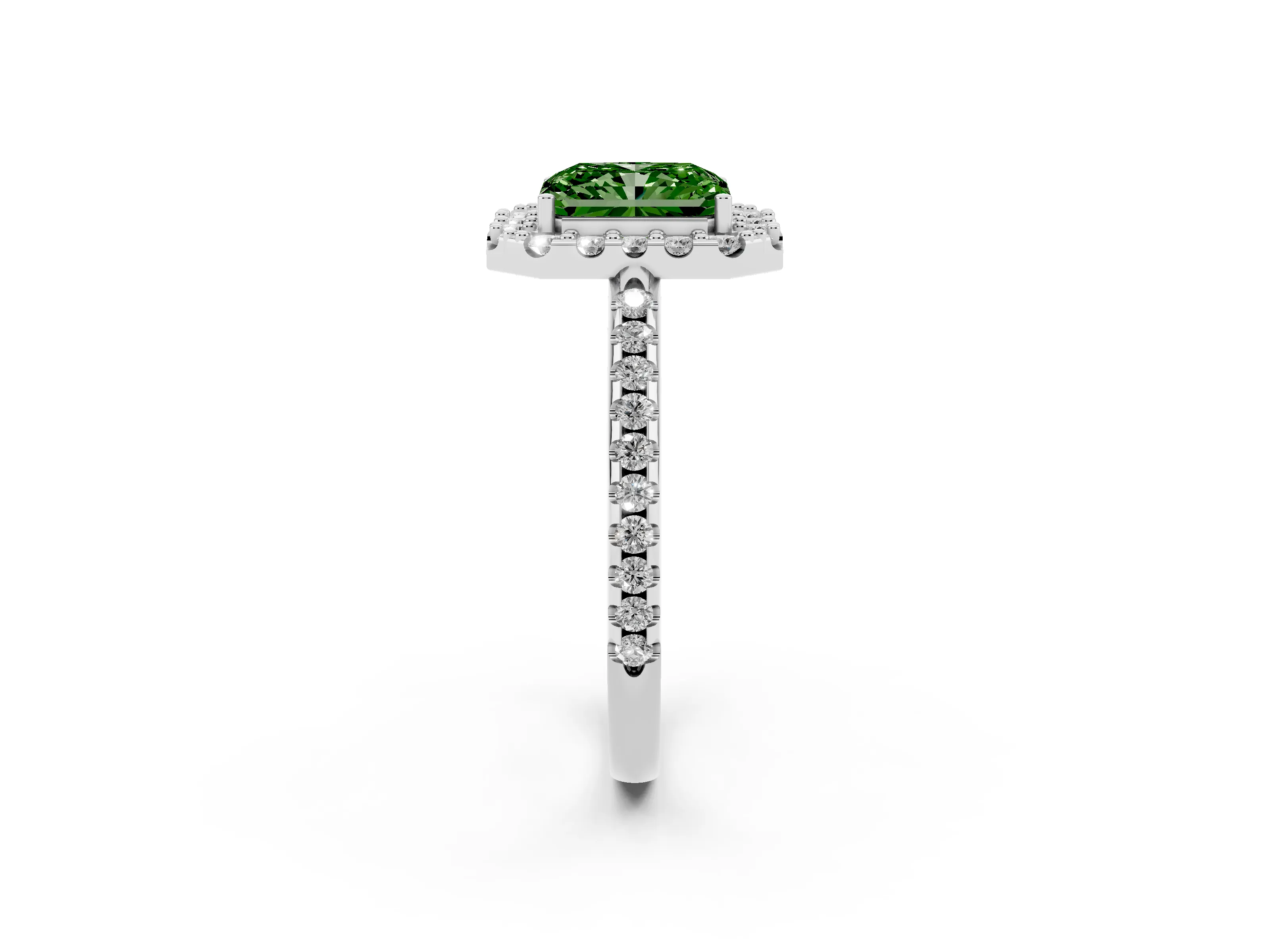 Fancy Green Radiant Cut Diamond Pavé Halo Ring Set in Silver with Prong Setting