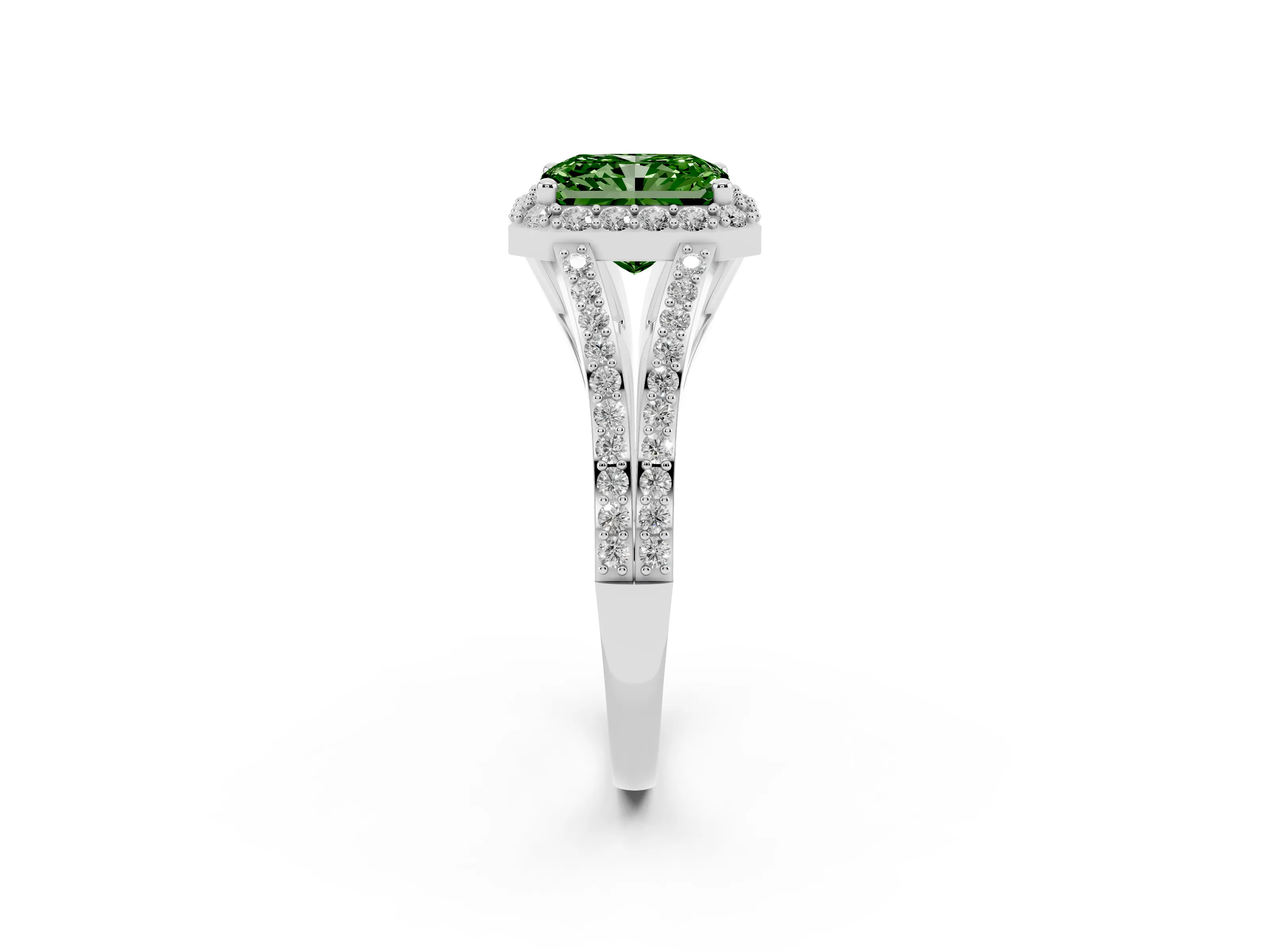 Fancy Green Radiant Cut Diamond Halo Split Shank Pavé Ring Set in Platinum with Prong Setting