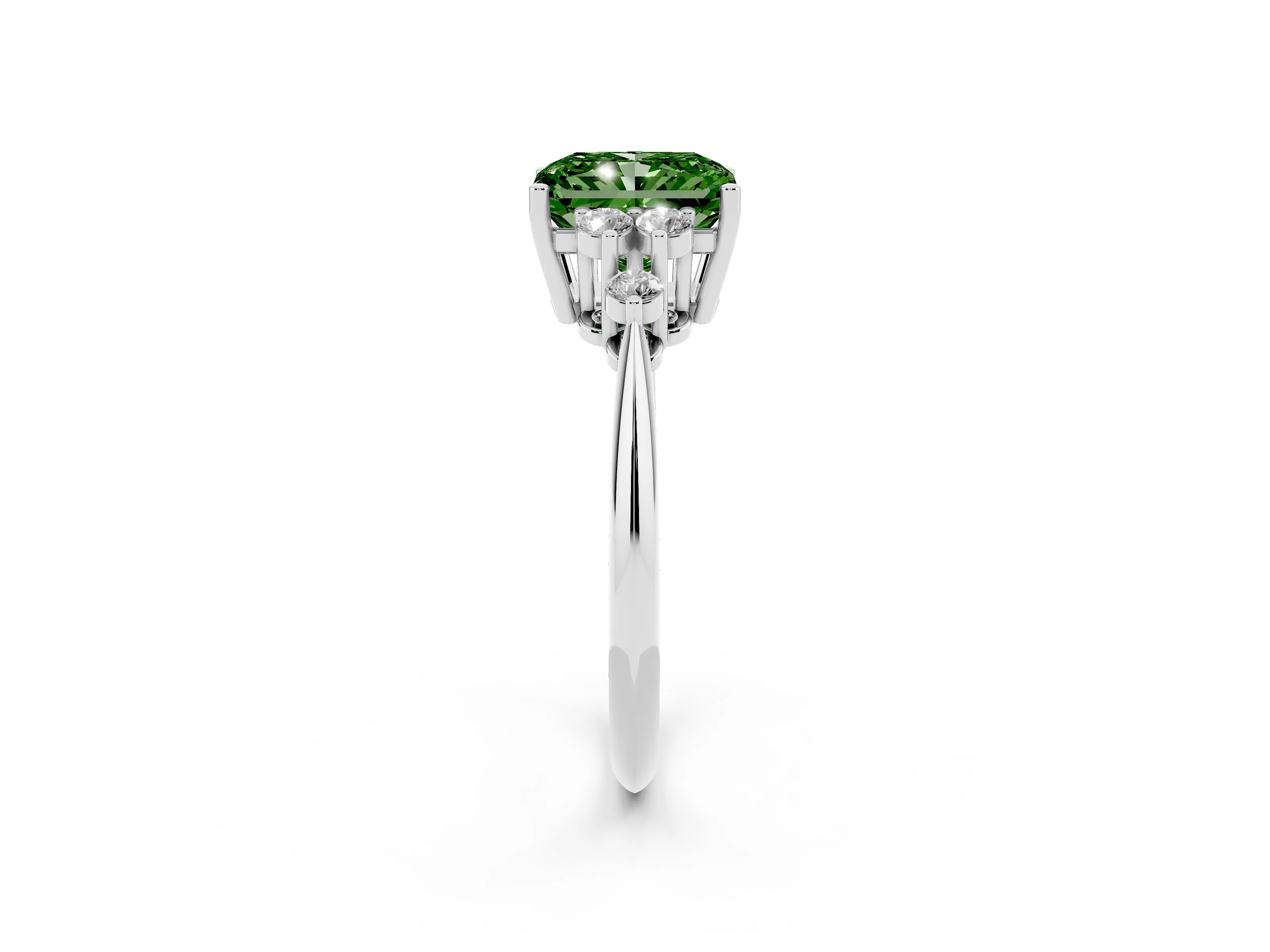Fancy Green Radiant Cut Diamond Cluster Ring Set in White gold with Plain Band and Prong Setting